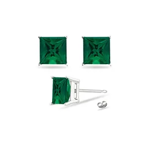 3.99-5.39 Cts of 8 mm AAA Princess Russian Lab Created Emerald Stud Earrings in 14K White Gold