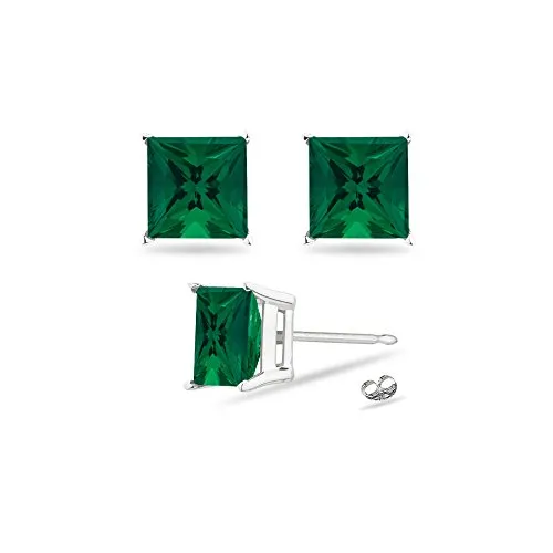 3.99-5.39 Cts of 8 mm AAA Princess Russian Lab Created Emerald Stud Earrings in 14K White Gold