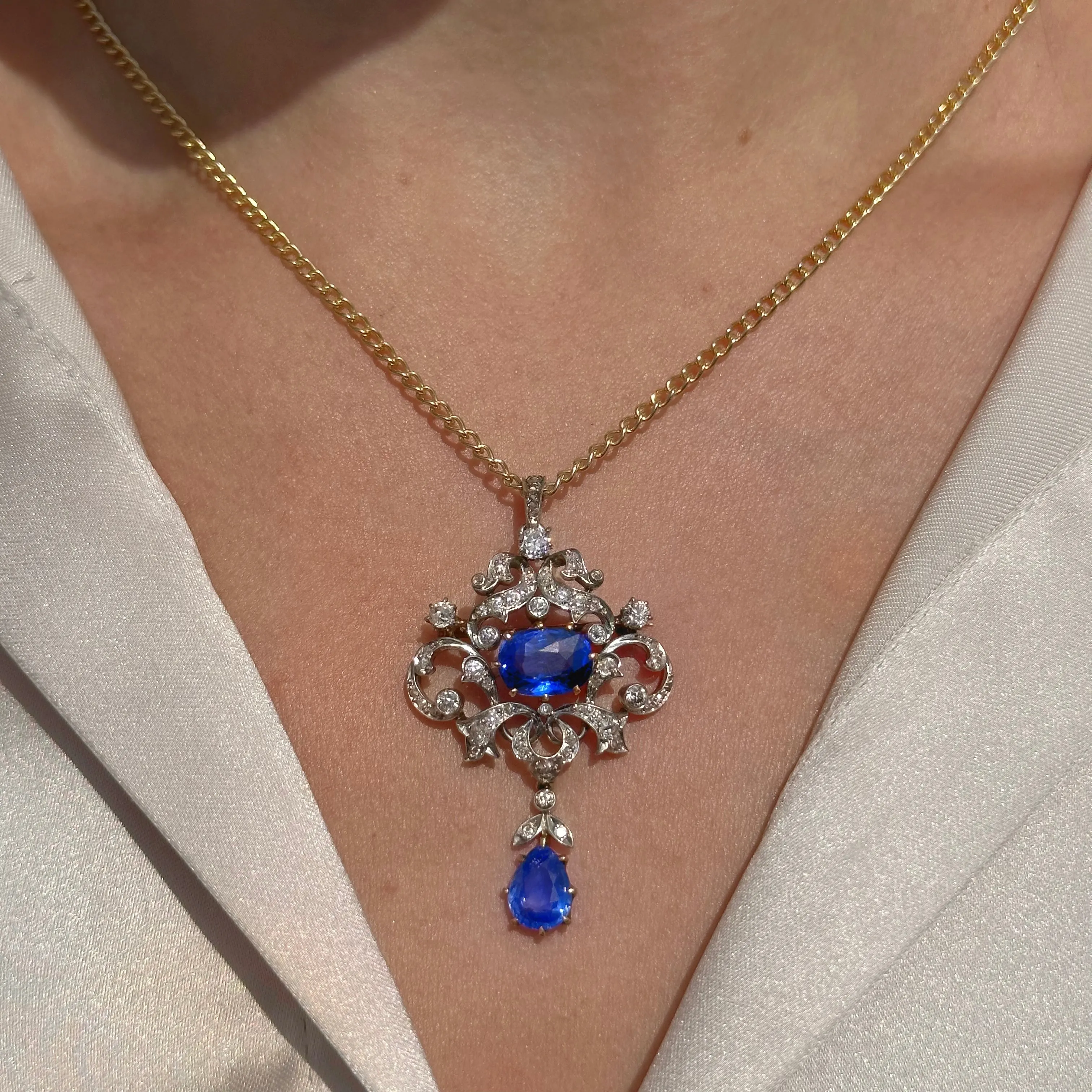Antique Edwardian Ceylon Sapphire Diamond Pendant 6.04ct Sapphires With Cert