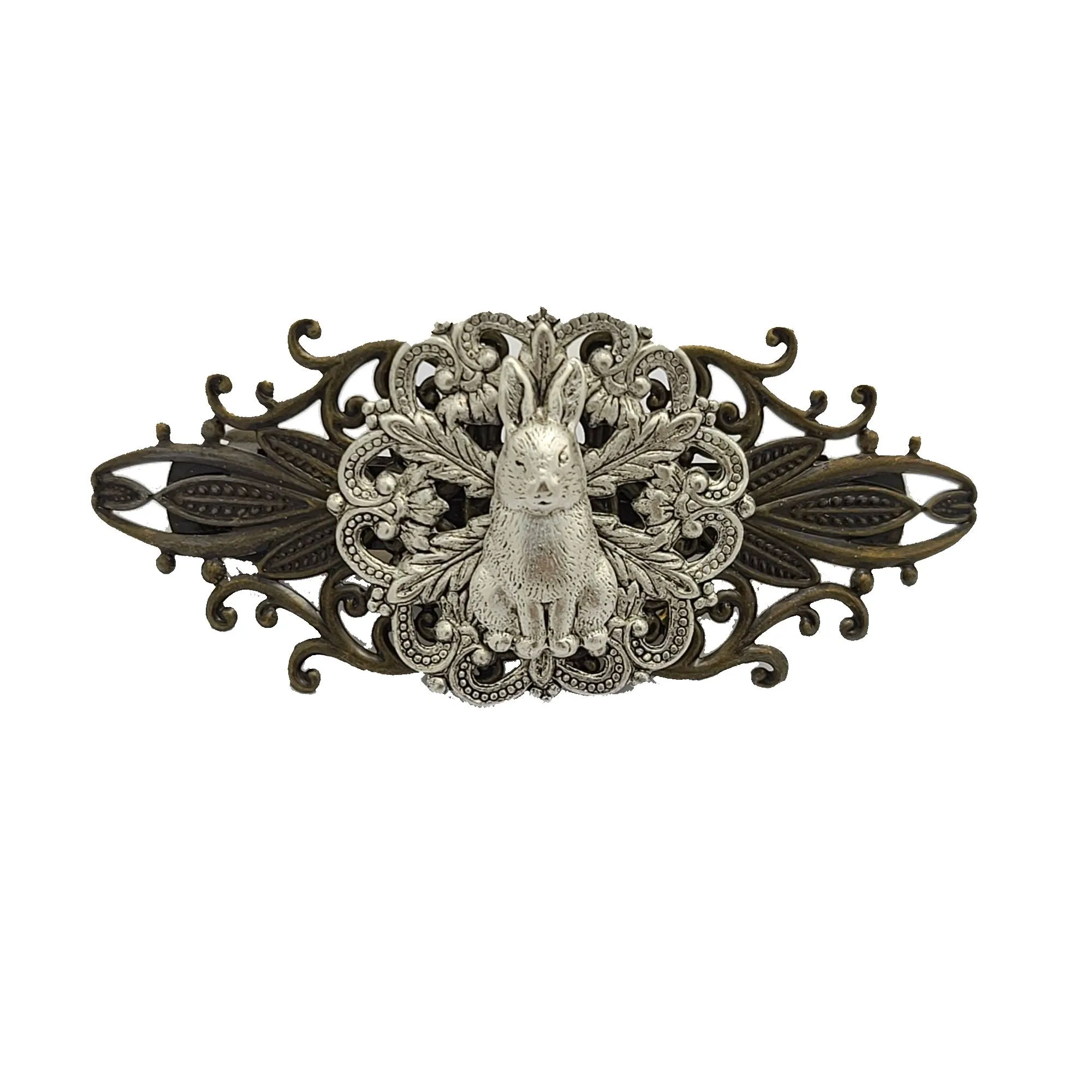 Antiqued Brass Filigree Barrette with Silver Rabbit Design.