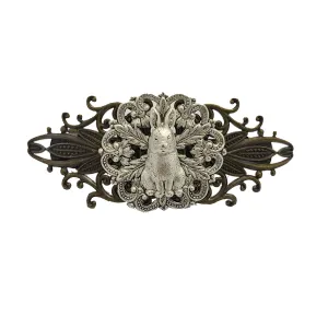 Antiqued Brass Filigree Barrette with Silver Rabbit Design.