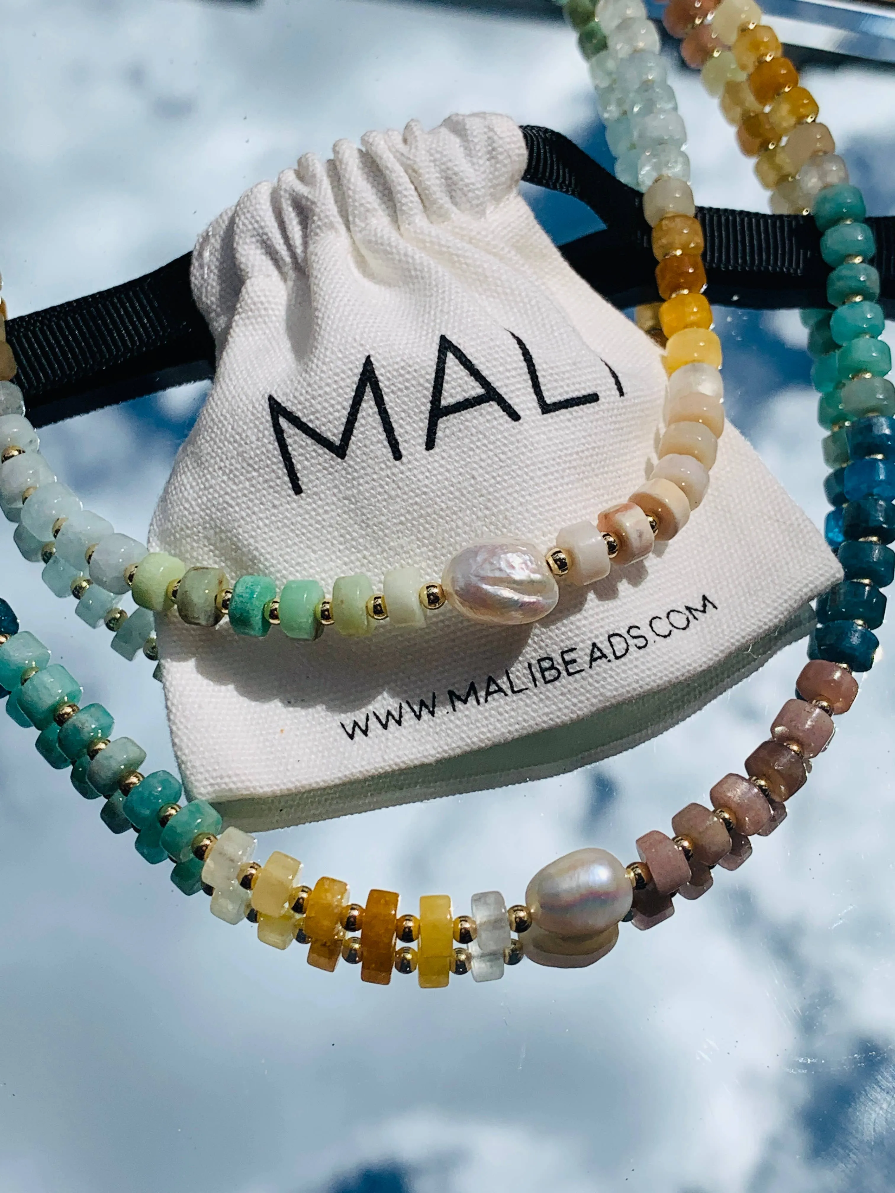 Candy Rainbow Gemstone Beaded Necklace with Pearl Accent: Bold