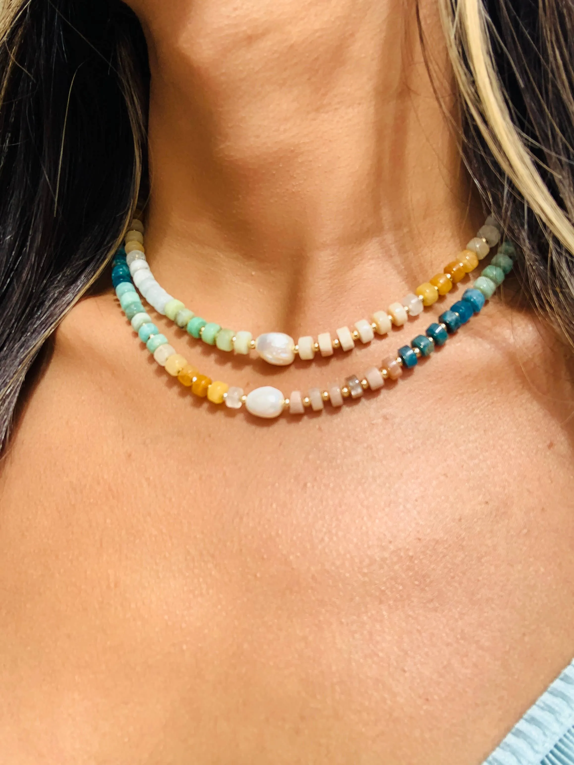 Candy Rainbow Gemstone Beaded Necklace with Pearl Accent: Bold