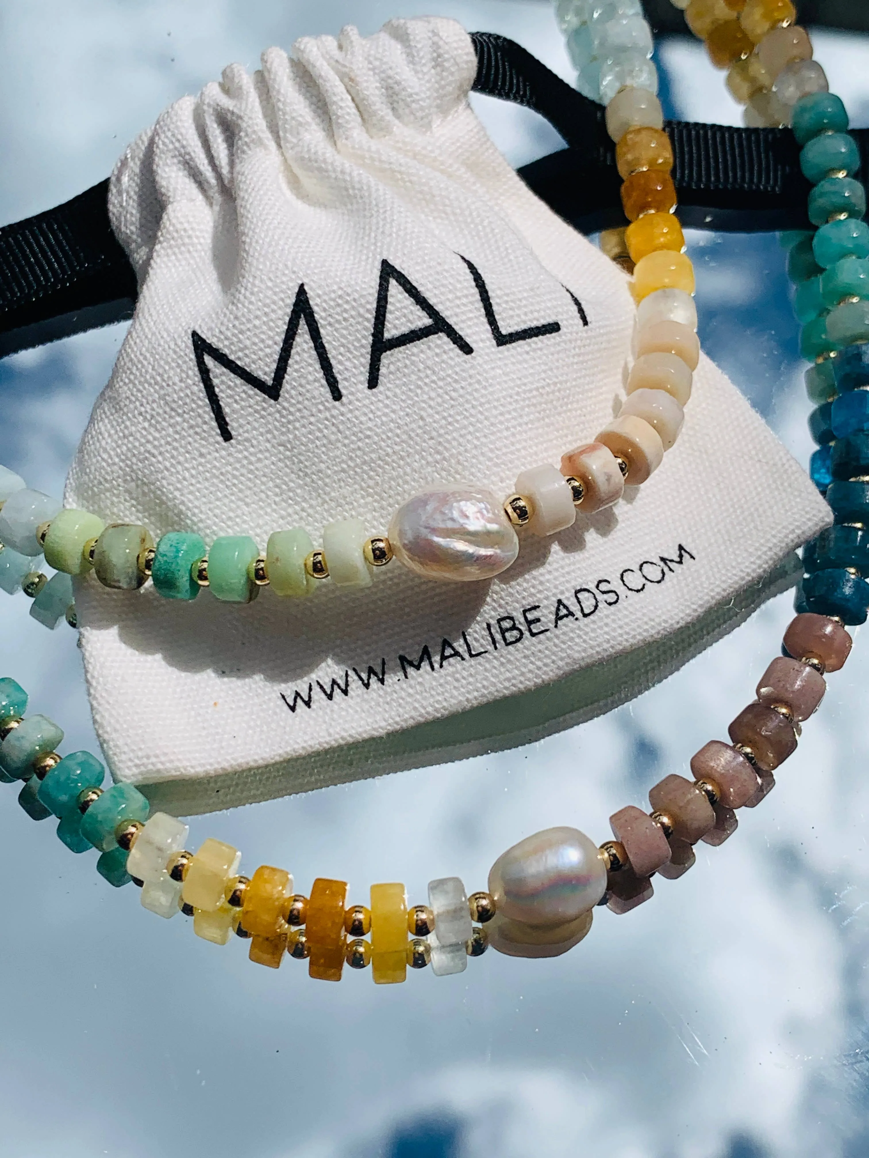 Candy Rainbow Gemstone Beaded Necklace with Pearl Accent: Bold