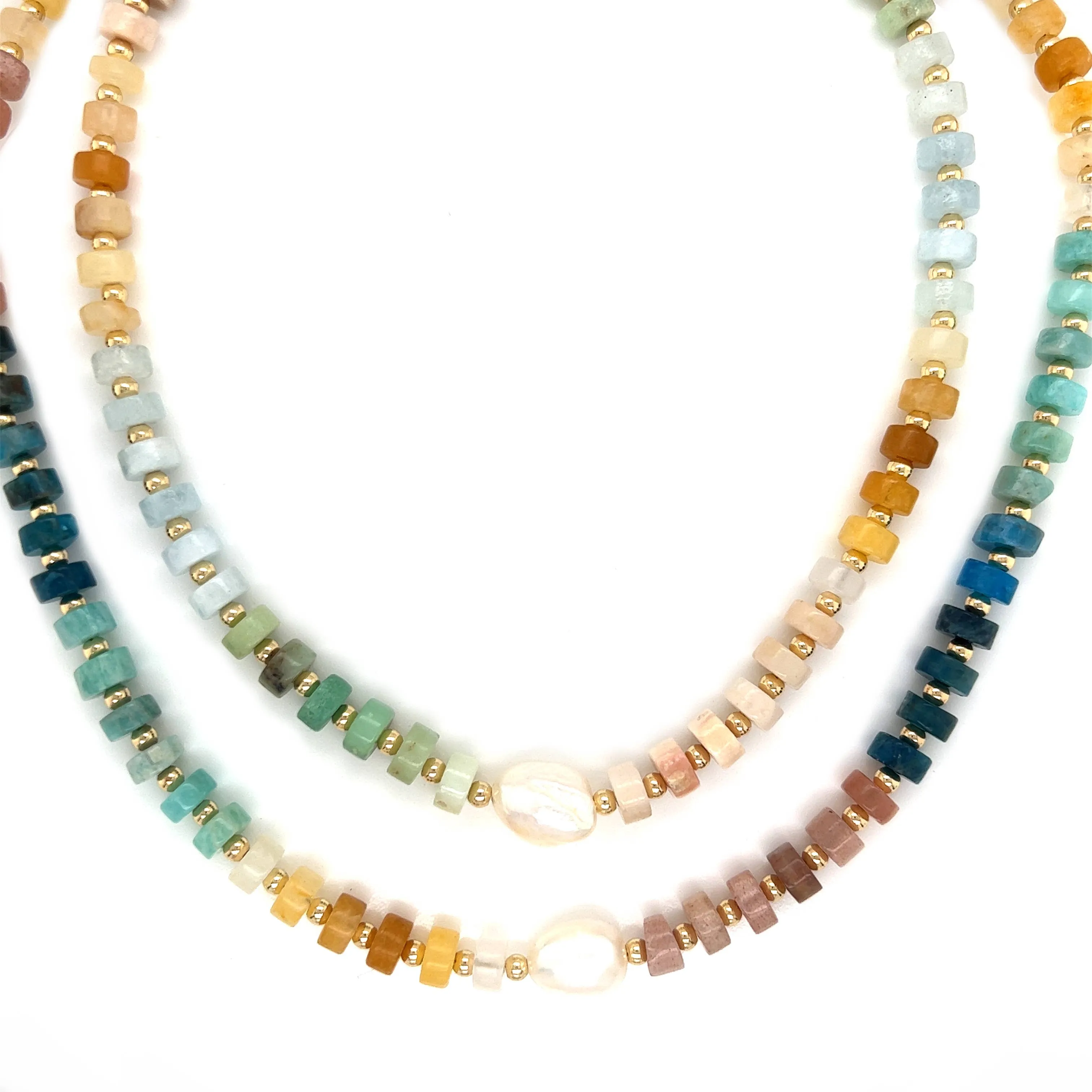 Candy Rainbow Gemstone Beaded Necklace with Pearl Accent: Bold