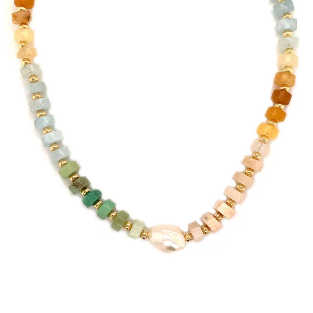 Candy Rainbow Gemstone Beaded Necklace with Pearl Accent: Bold