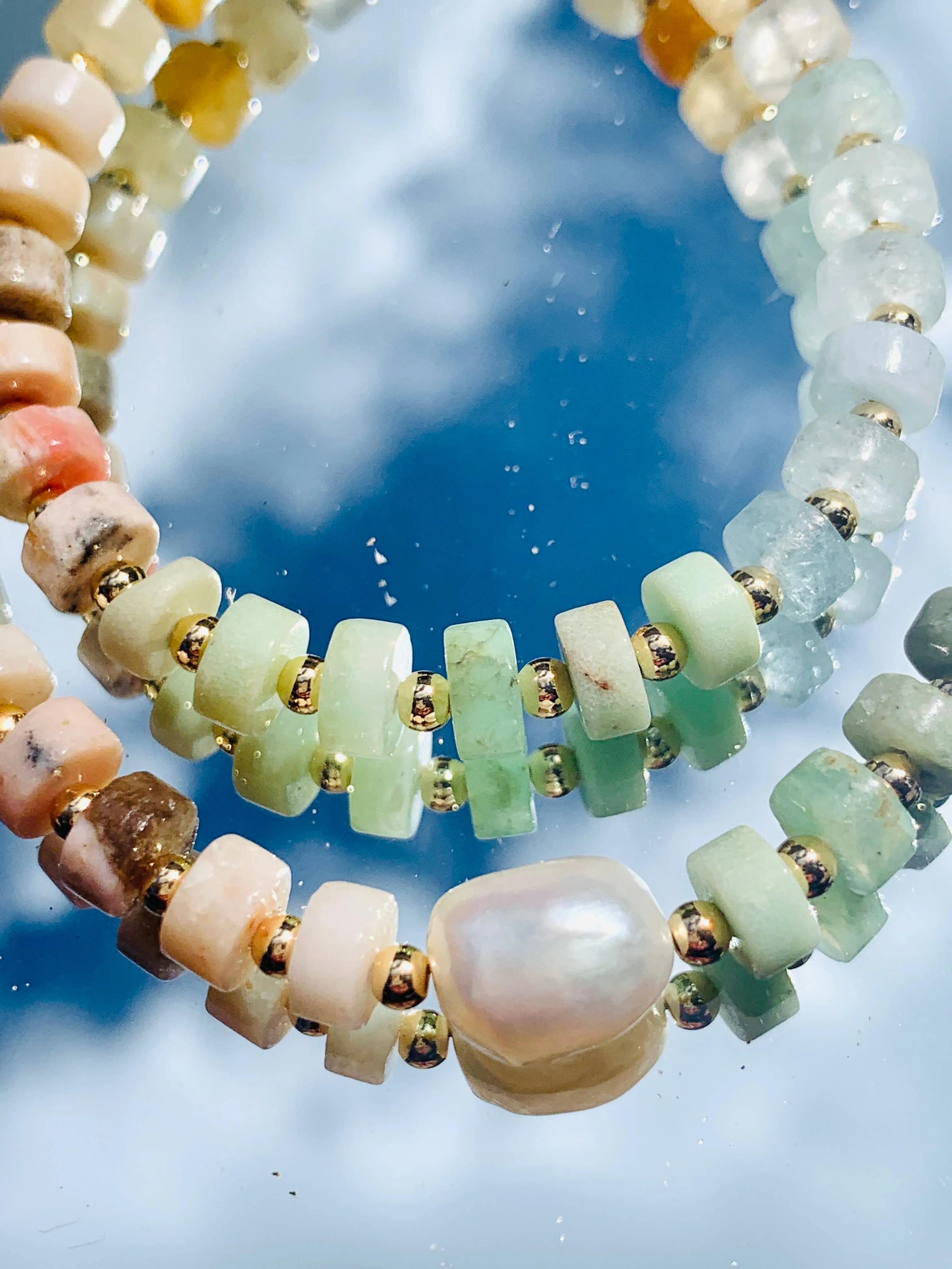 Candy Rainbow Gemstone Beaded Necklace with Pearl Accent: Bold