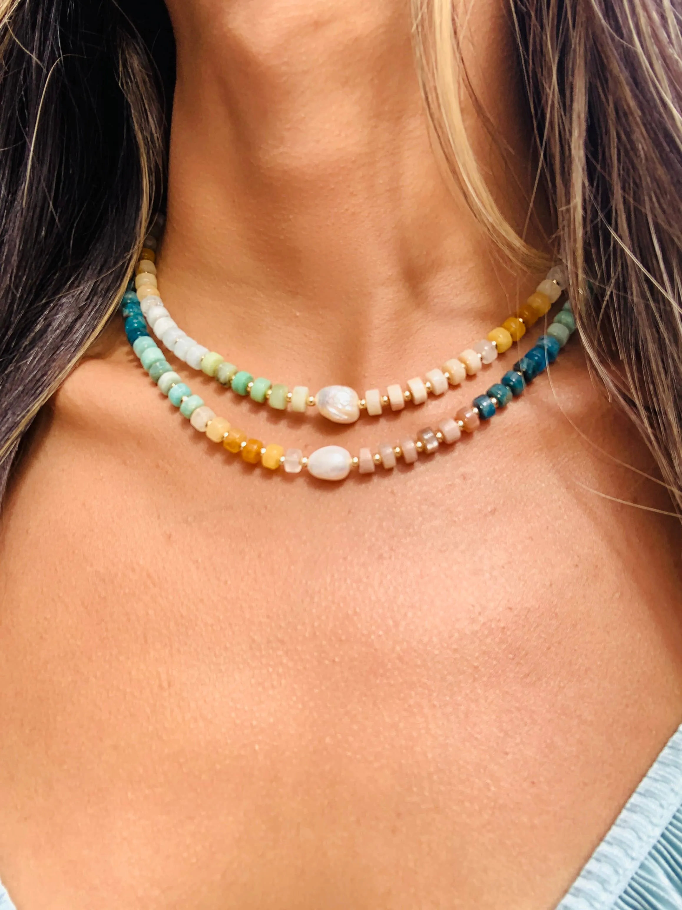 Candy Rainbow Gemstone Beaded Necklace with Pearl Accent: Bold