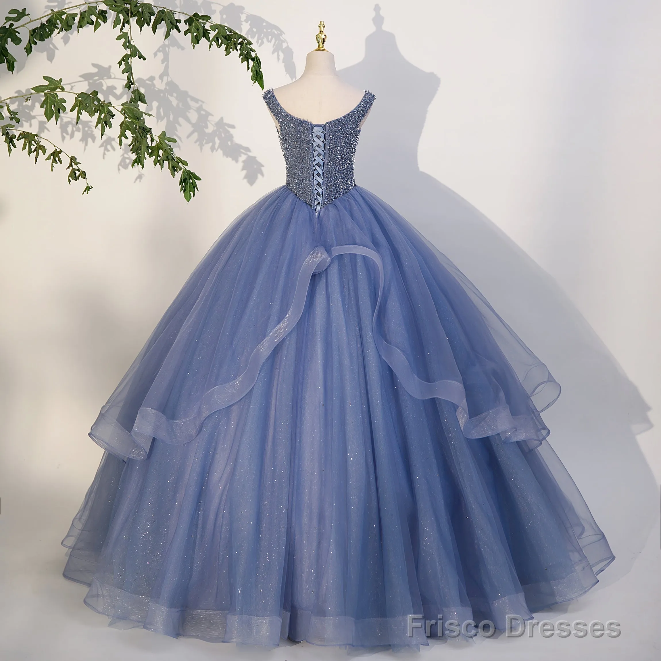 Charming Beaded Tulle Ball Gown Sweet 16 Gown, Blue Long Formal Dresses