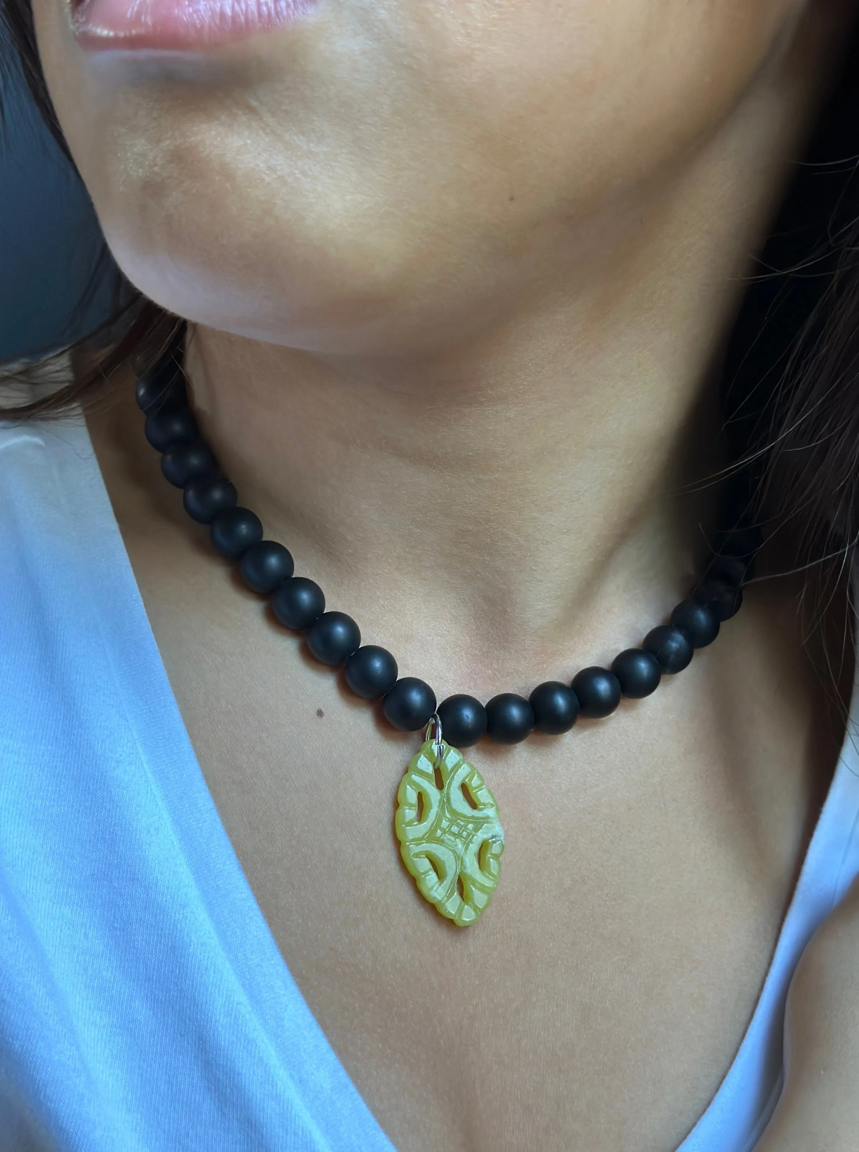 Embrace Necklace with Pendant - Matte Black Jade