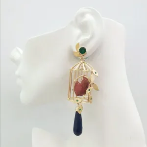 Gazebo Twinset Earrings with Green Agate, Red Jasper Carved Chickens & Blue Jade Drops