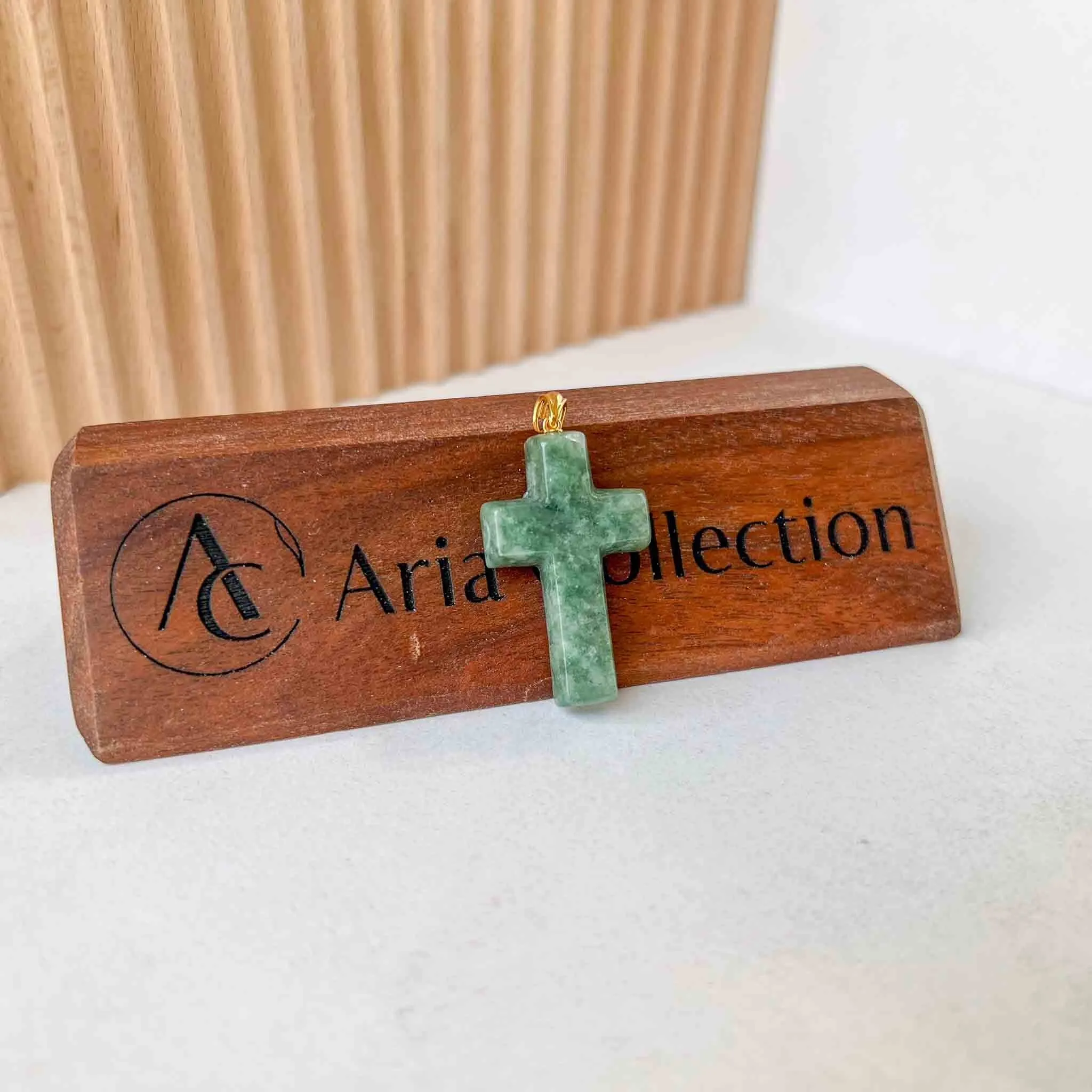 Green Jadeite Jade Cross with 18K Solid Gold Bail Carved Pendant, SHWQ-0823-1699507269