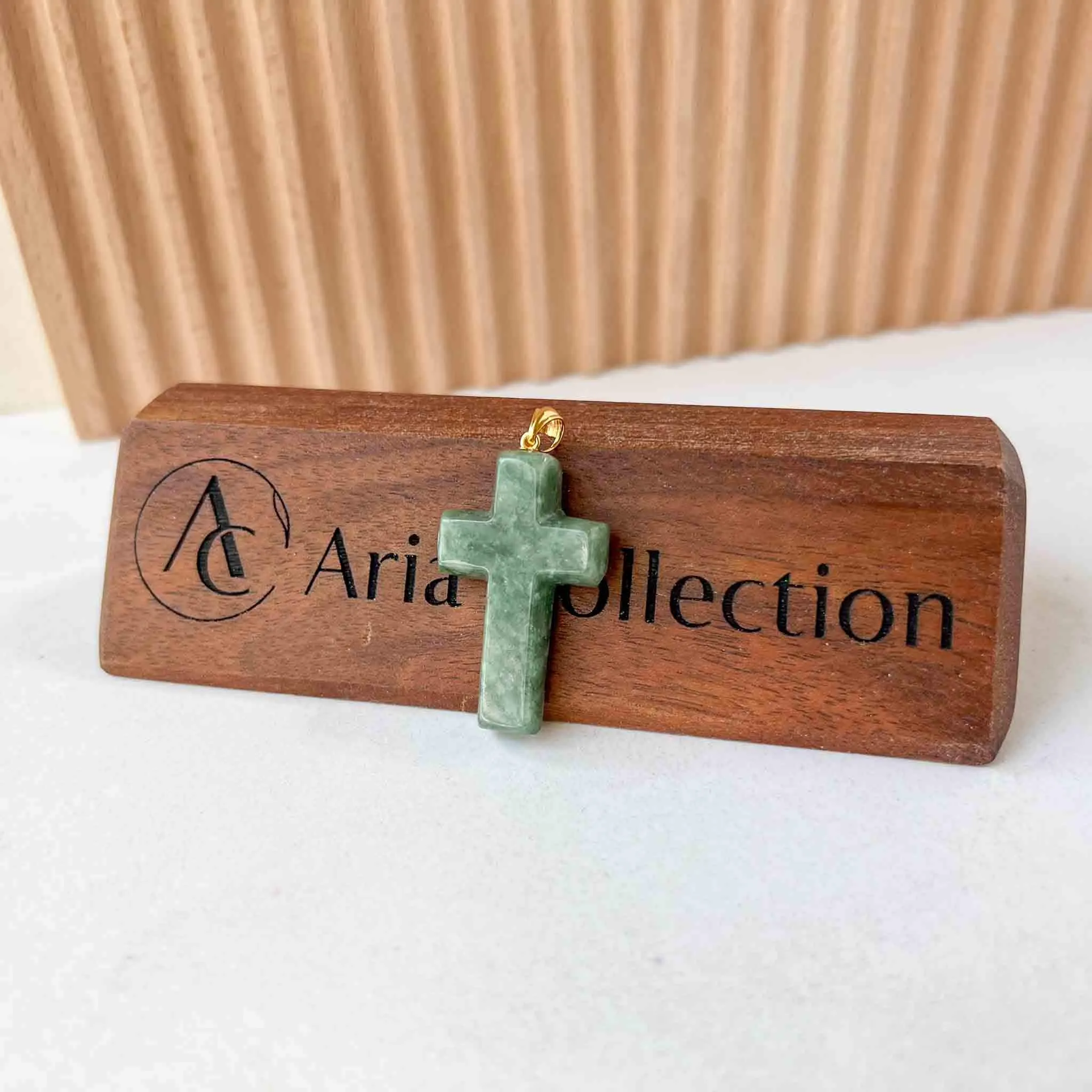 Green Jadeite Jade Cross with 18K Solid Gold Bail Carved Pendant, SHWQ-0823-1699507269
