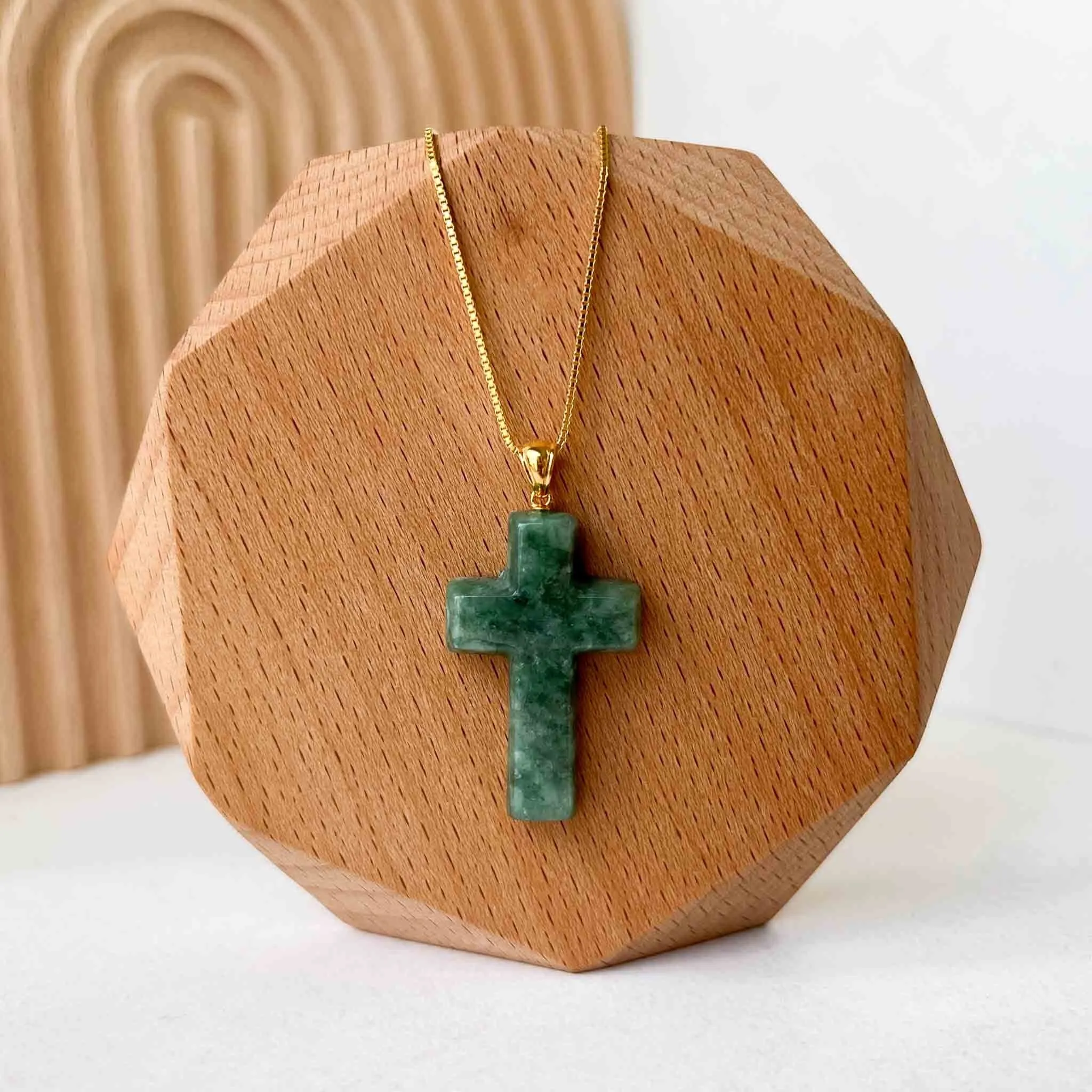 Green Jadeite Jade Cross with 18K Solid Gold Bail Carved Pendant, SHWQ-0823-1699507269