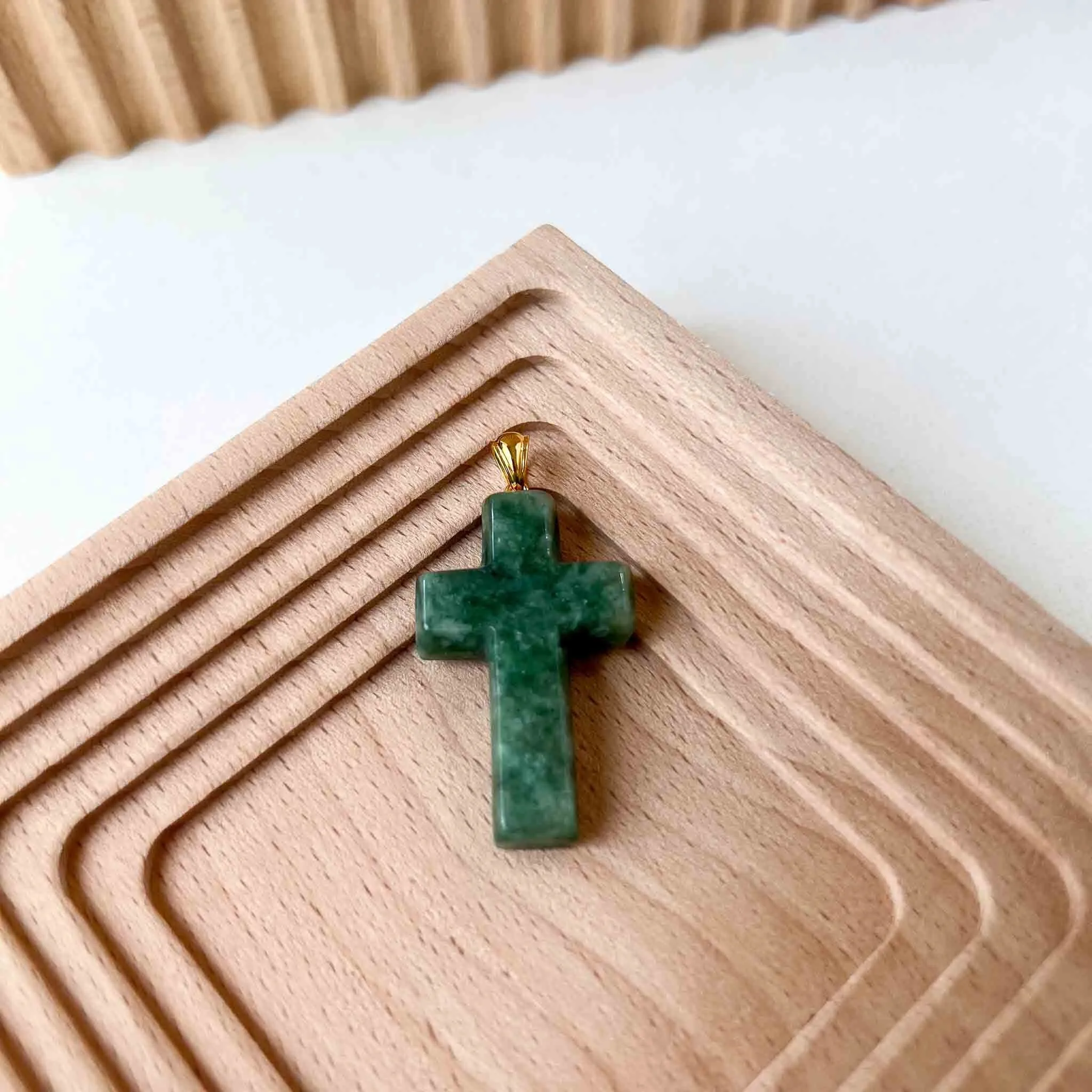 Green Jadeite Jade Cross with 18K Solid Gold Bail Carved Pendant, SHWQ-0823-1699507269