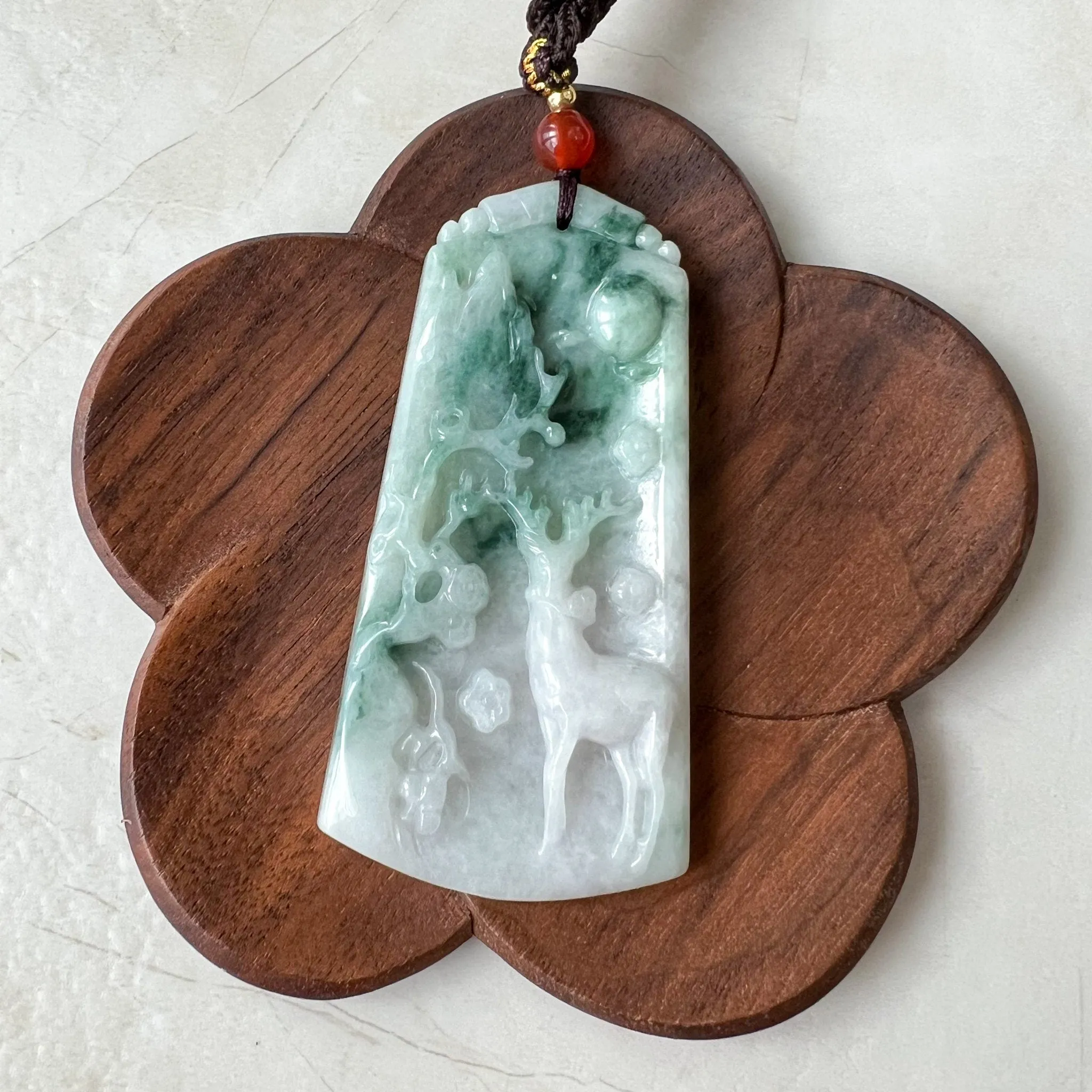 Green Jadeite Jade Deer in Forest Hand Carved Pendant Necklace, YJ-0722-0008298
