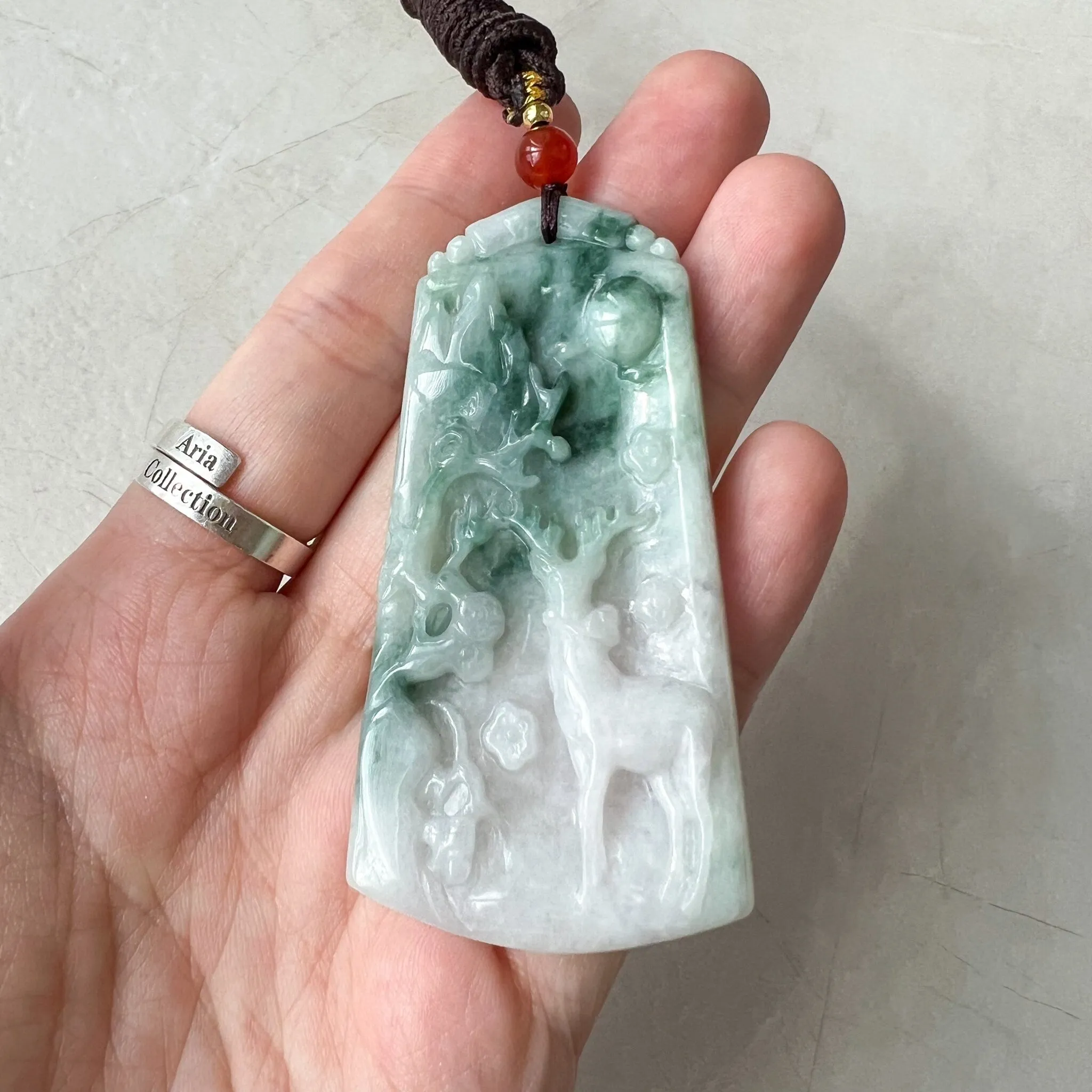 Green Jadeite Jade Deer in Forest Hand Carved Pendant Necklace, YJ-0722-0008298