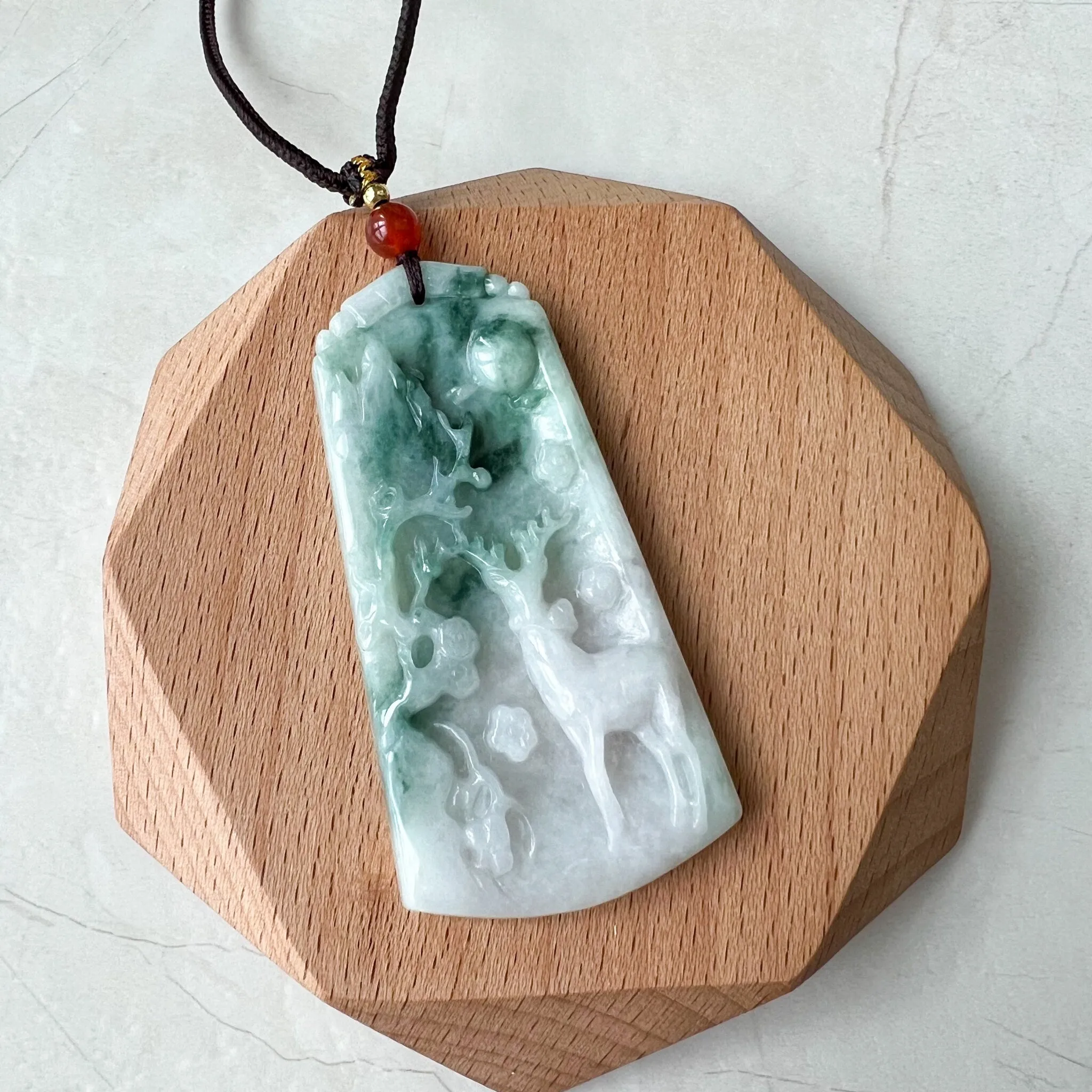 Green Jadeite Jade Deer in Forest Hand Carved Pendant Necklace, YJ-0722-0008298