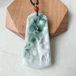 Green Jadeite Jade Deer in Forest Hand Carved Pendant Necklace, YJ-0722-0008298