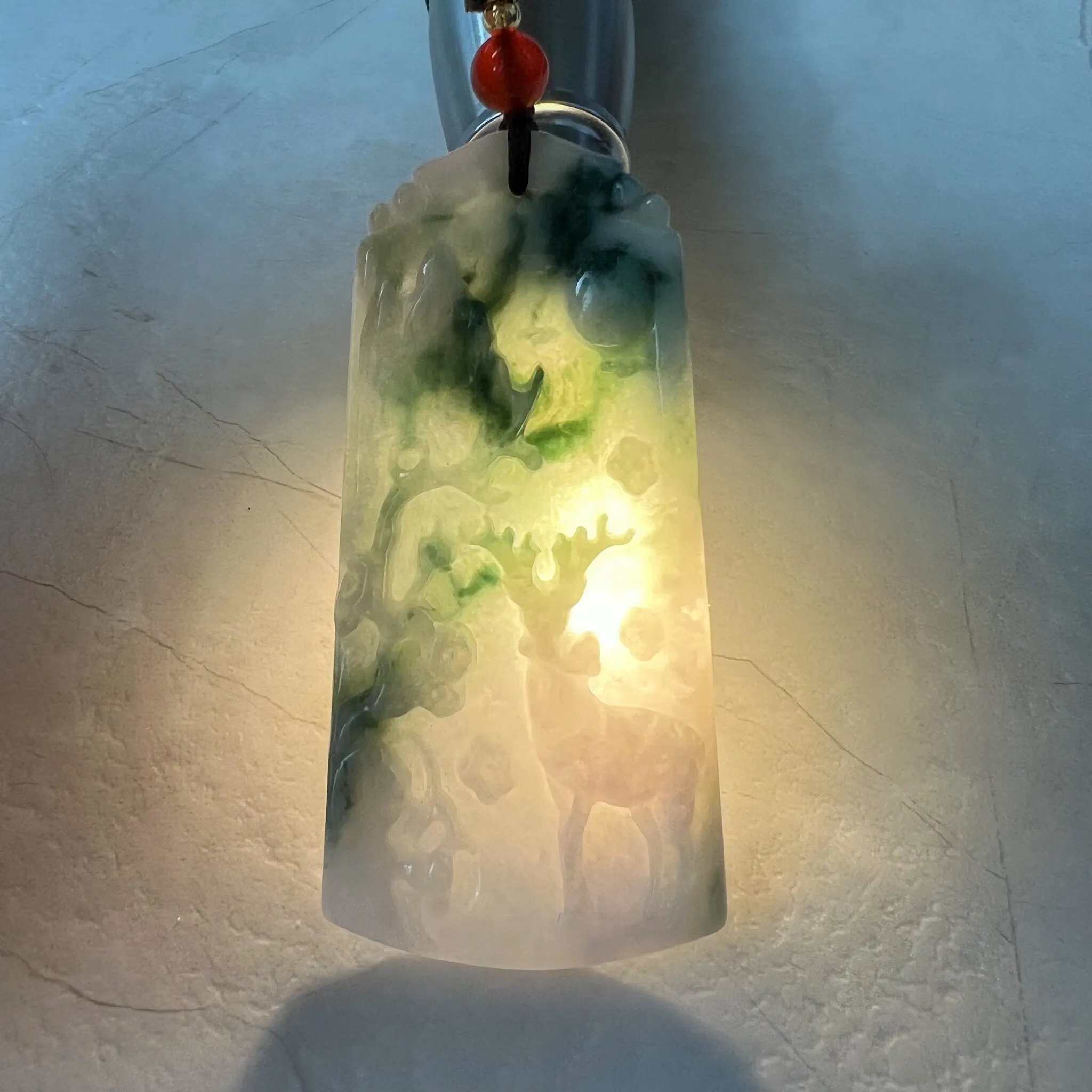 Green Jadeite Jade Deer in Forest Hand Carved Pendant Necklace, YJ-0722-0008298