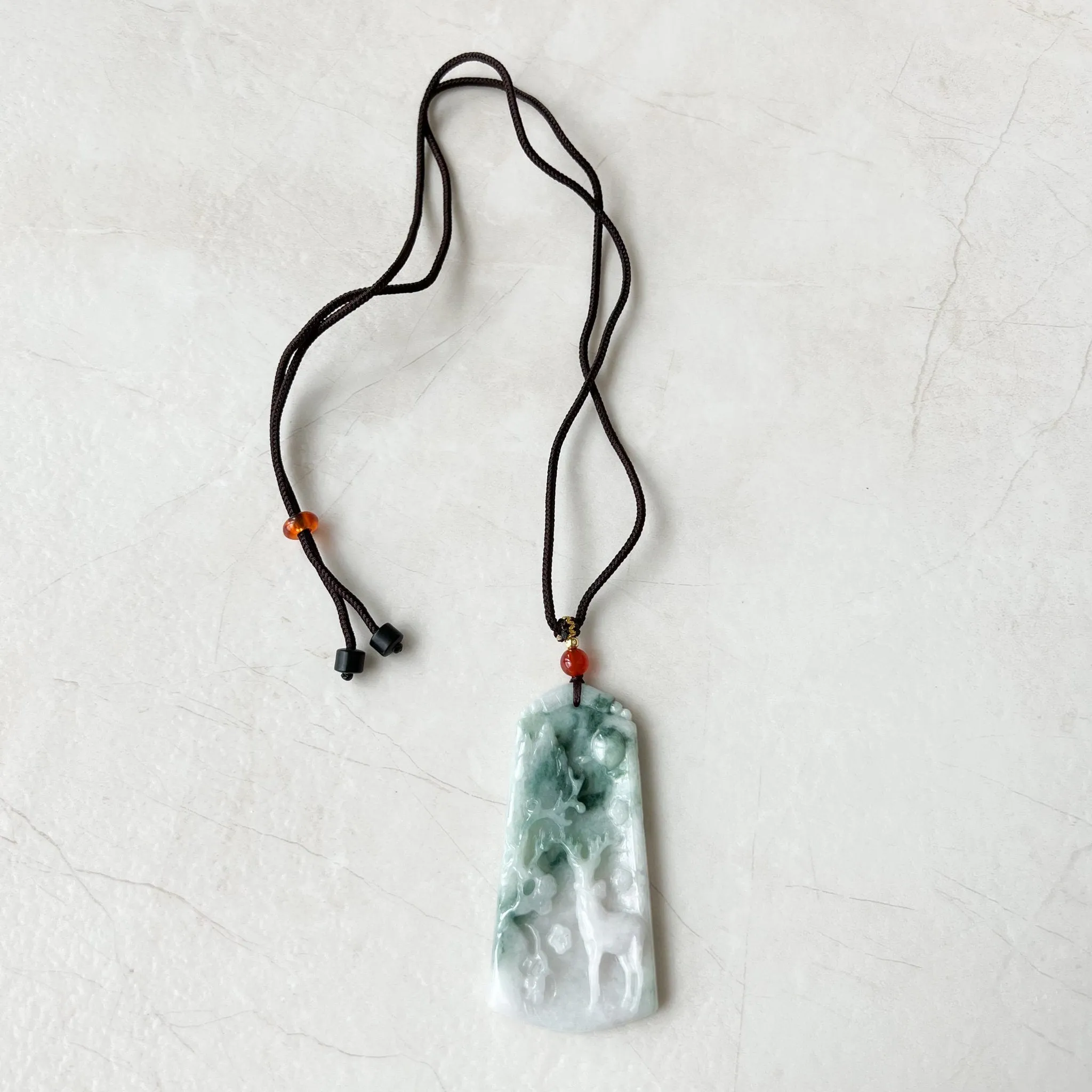 Green Jadeite Jade Deer in Forest Hand Carved Pendant Necklace, YJ-0722-0008298