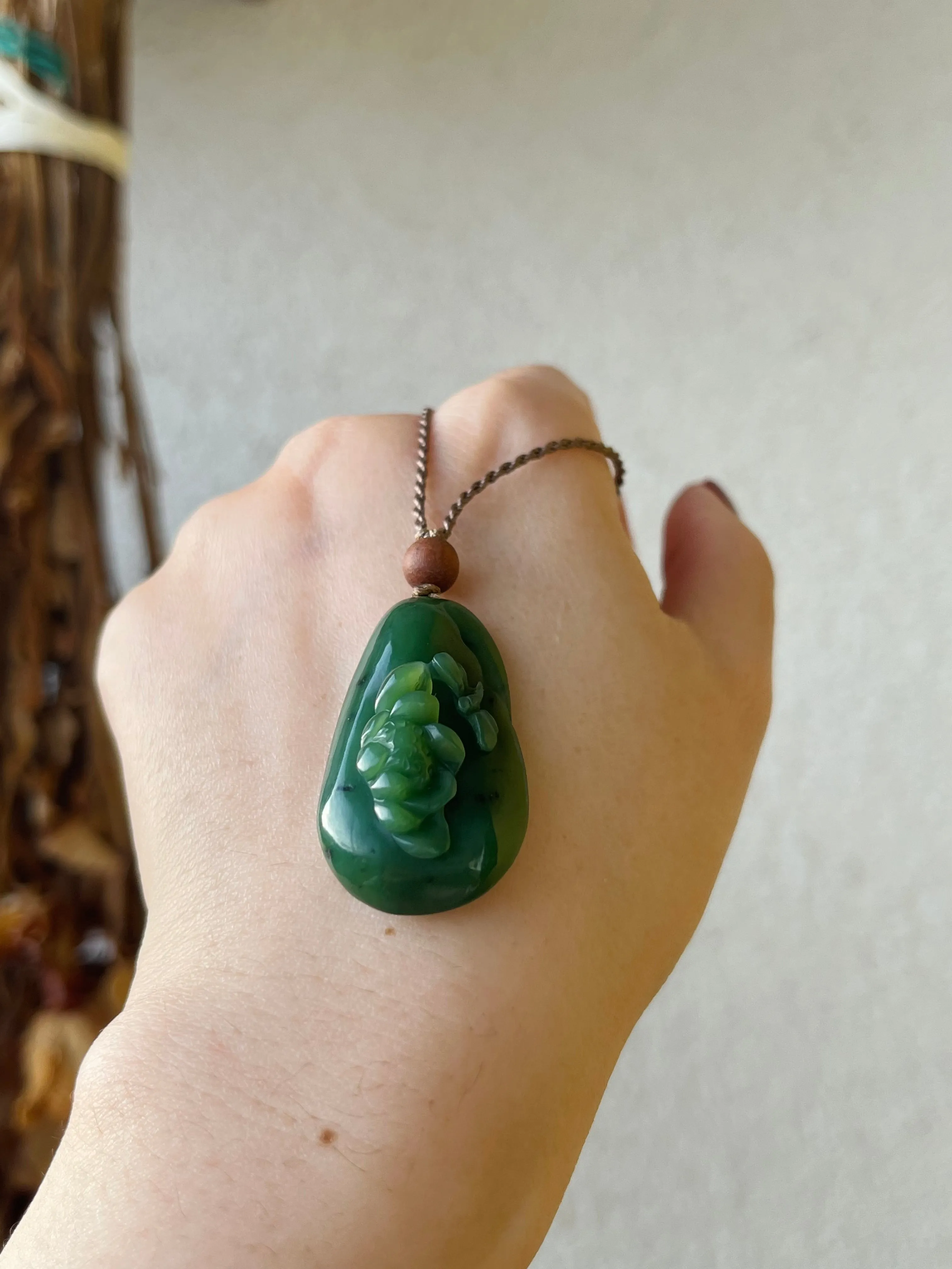 Handmade Necklace with a Hand Carved Green Jade Lotus and Dragonfly Pendant