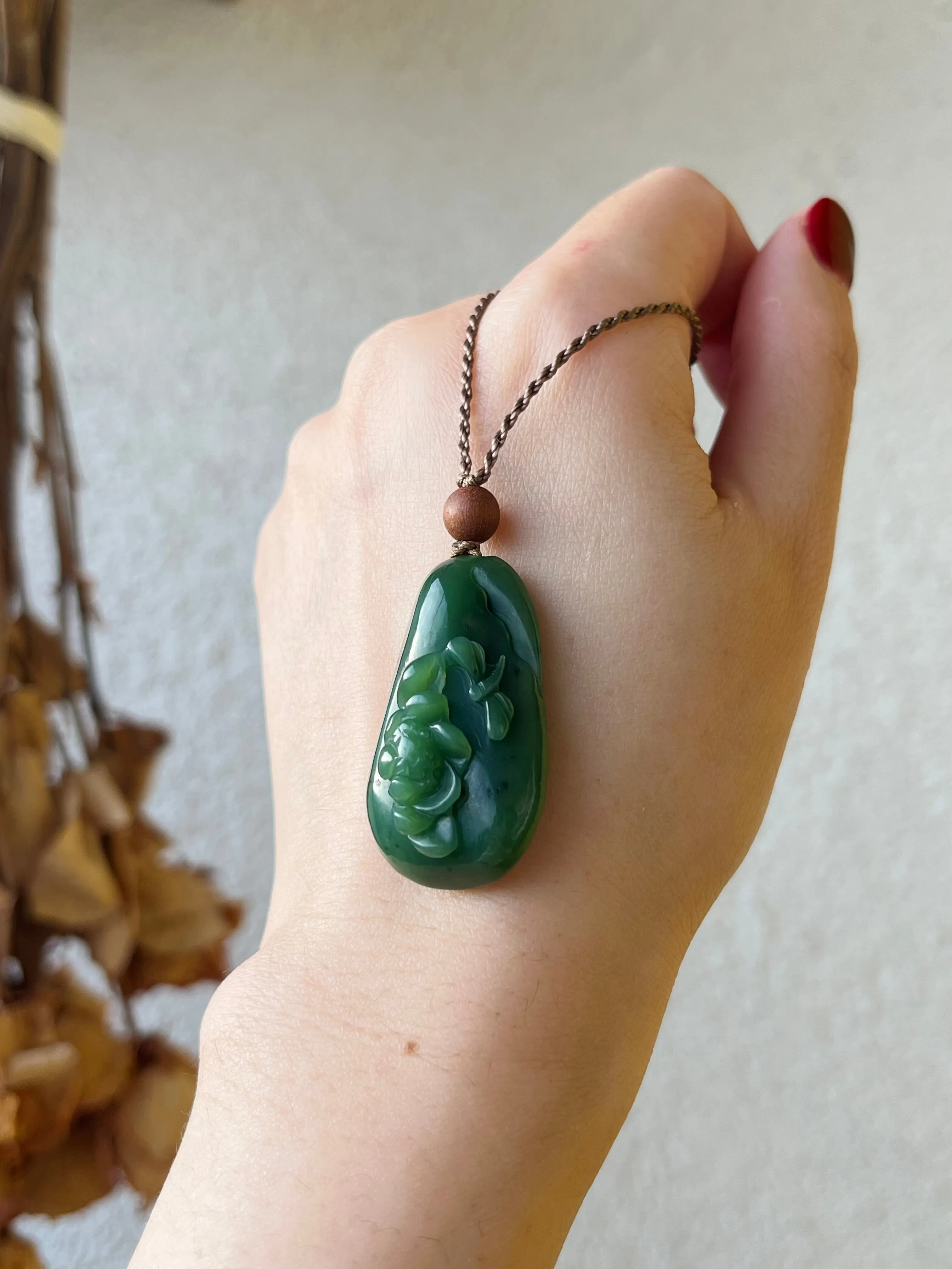 Handmade Necklace with a Hand Carved Green Jade Lotus and Dragonfly Pendant