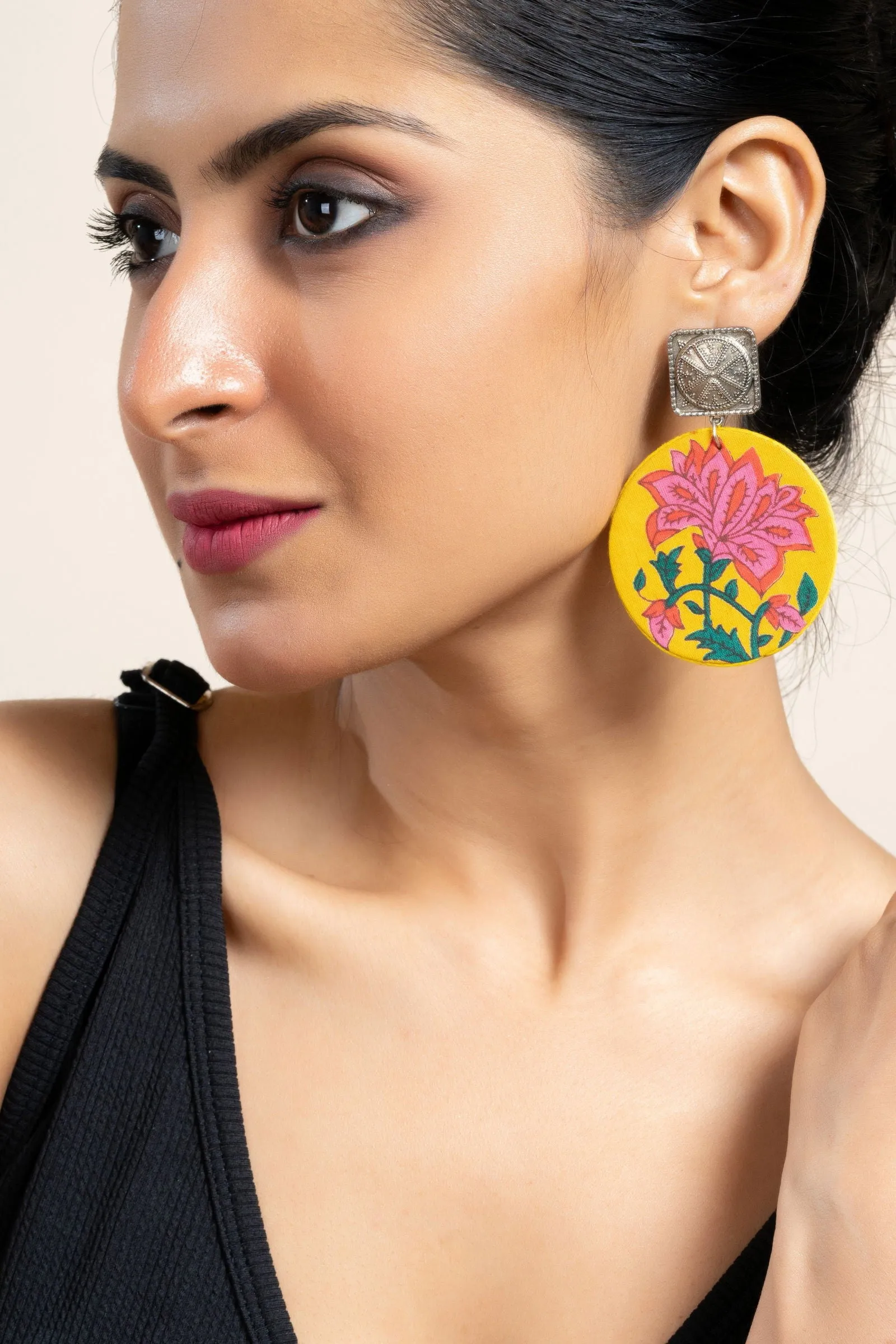 Handmade Yellow Floral Fabric with German Silver Square Stud Earrings for Every Occasion