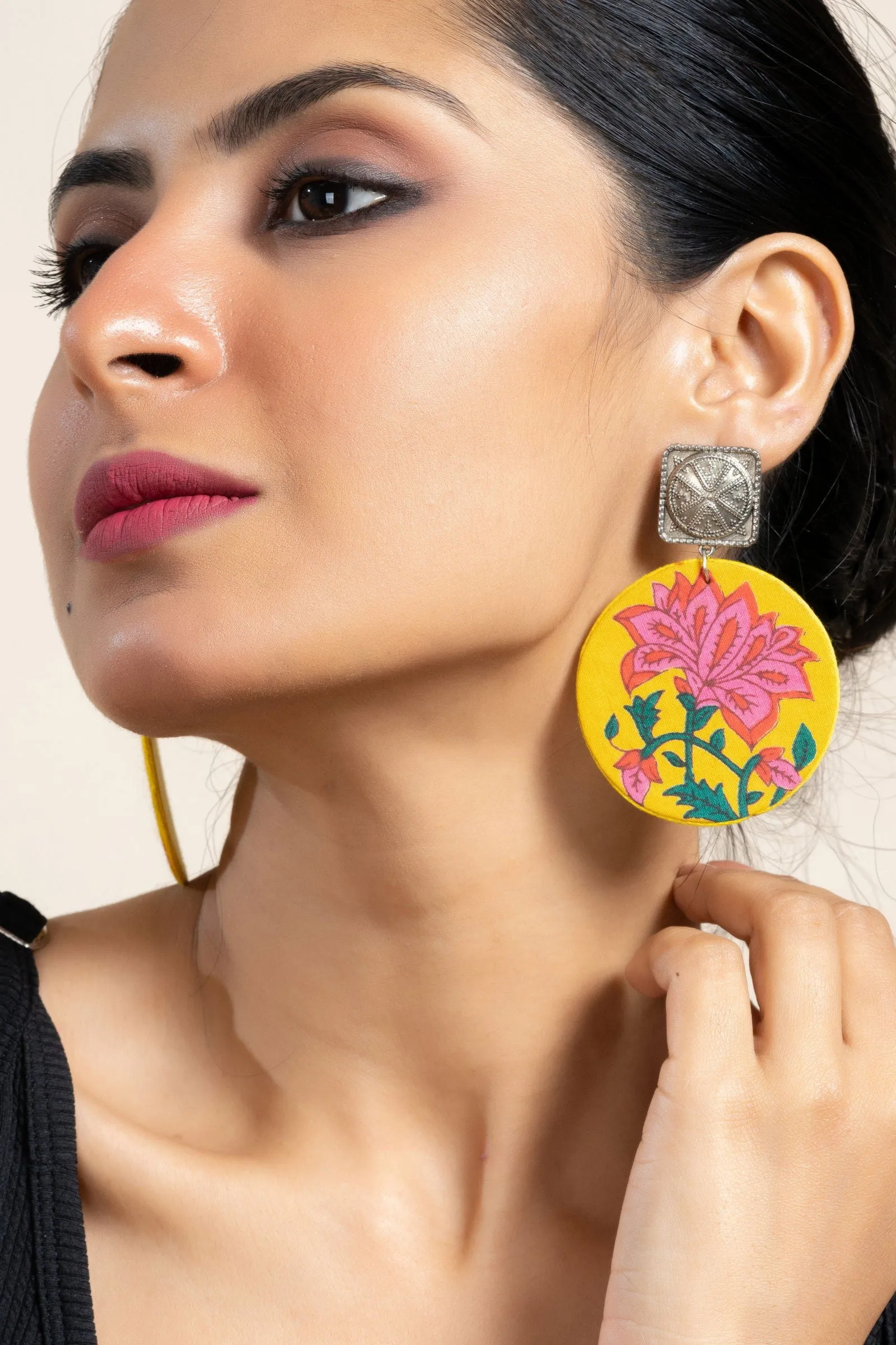 Handmade Yellow Floral Fabric with German Silver Square Stud Earrings for Every Occasion
