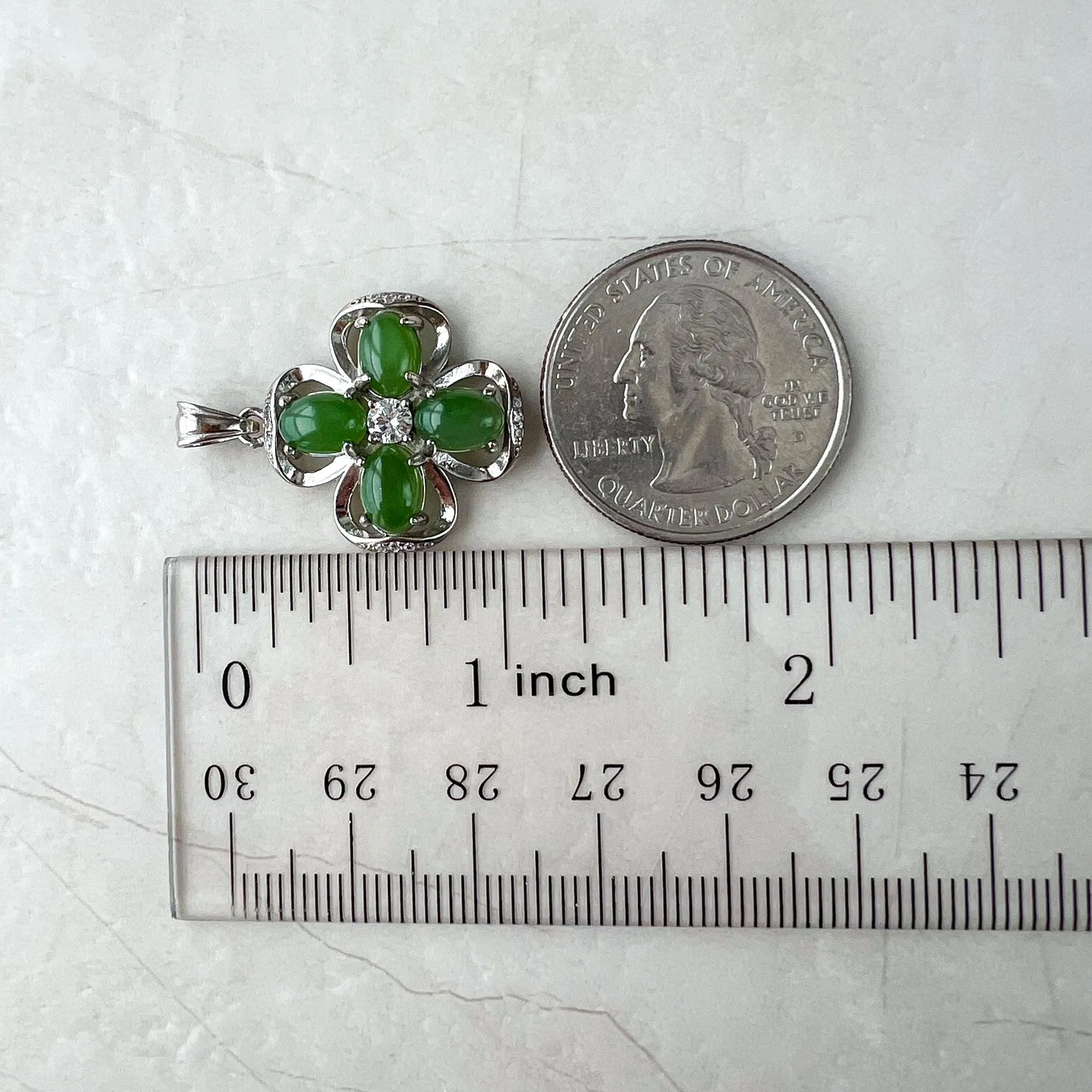 Jade Clover Charm, Style 1, Green Nephrite Jade Sterling Silver Pendant Necklace, JSY-1224-10301