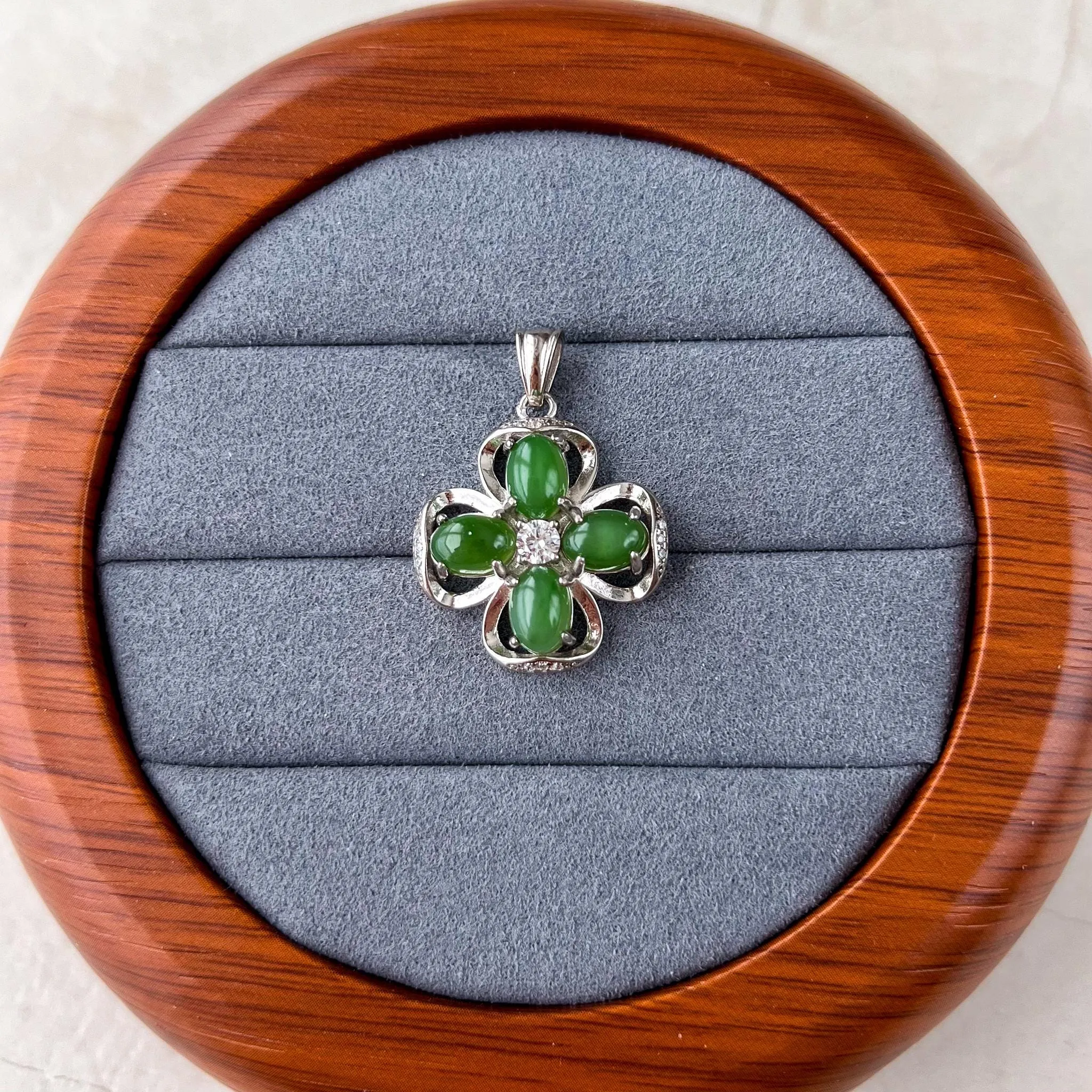 Jade Clover Charm, Style 1, Green Nephrite Jade Sterling Silver Pendant Necklace, JSY-1224-10301