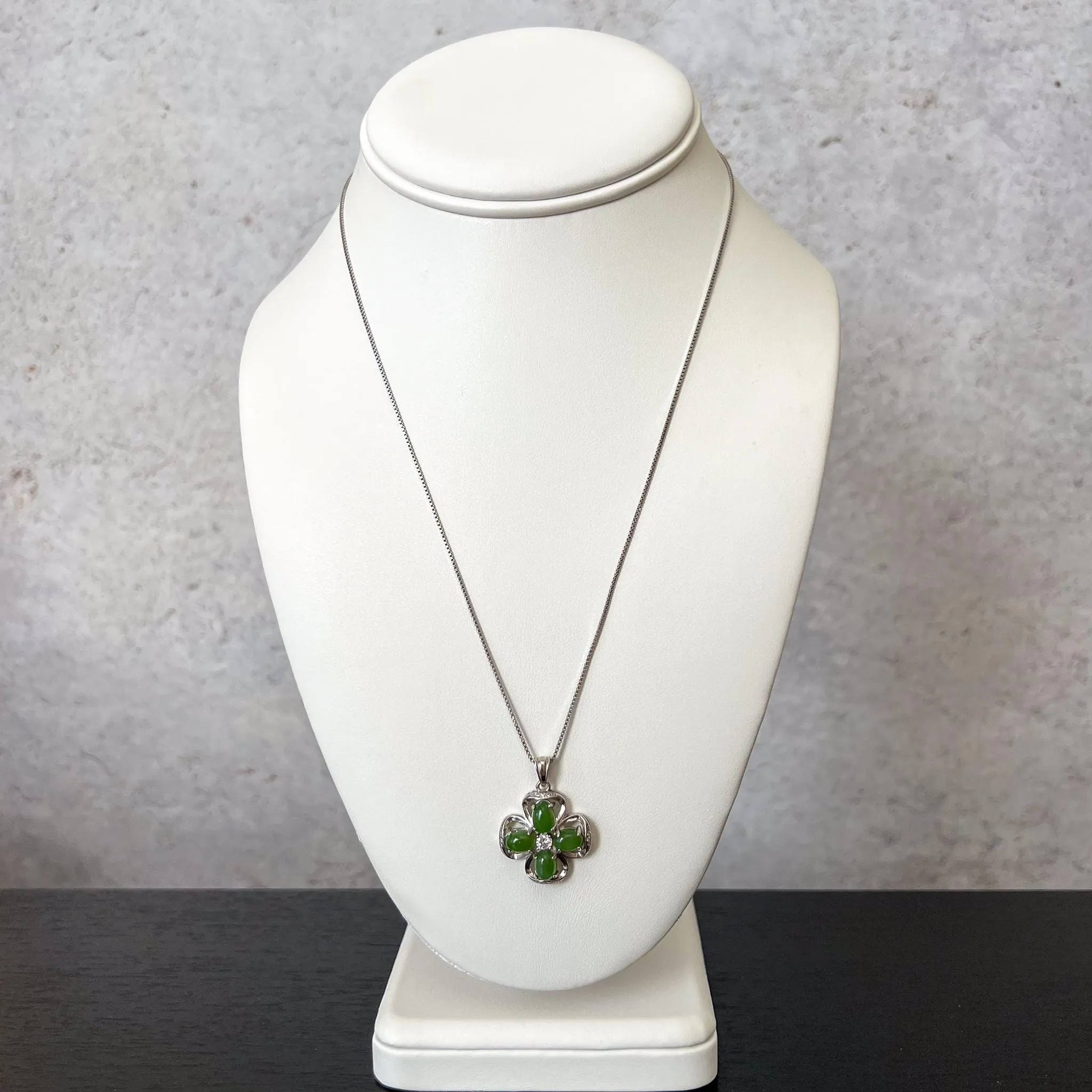 Jade Clover Charm, Style 1, Green Nephrite Jade Sterling Silver Pendant Necklace, JSY-1224-10301
