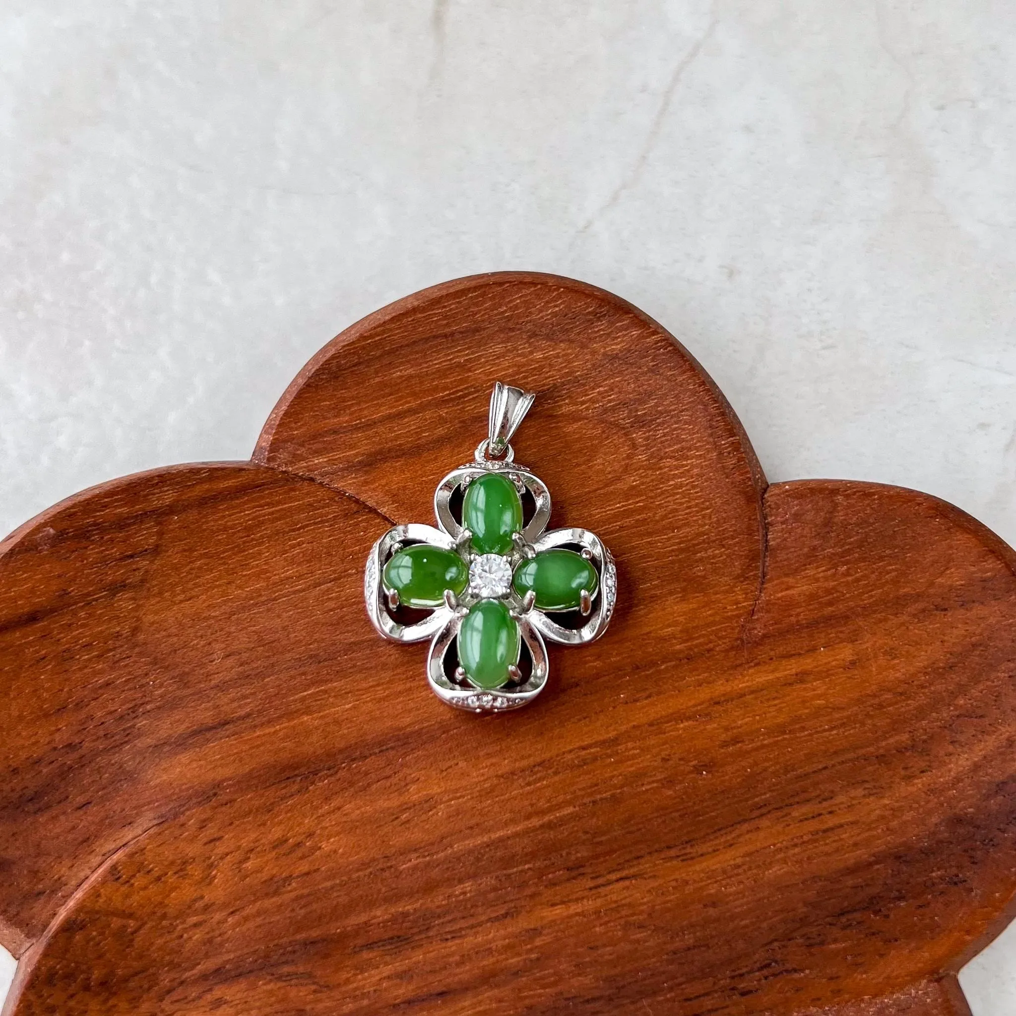 Jade Clover Charm, Style 1, Green Nephrite Jade Sterling Silver Pendant Necklace, JSY-1224-10301