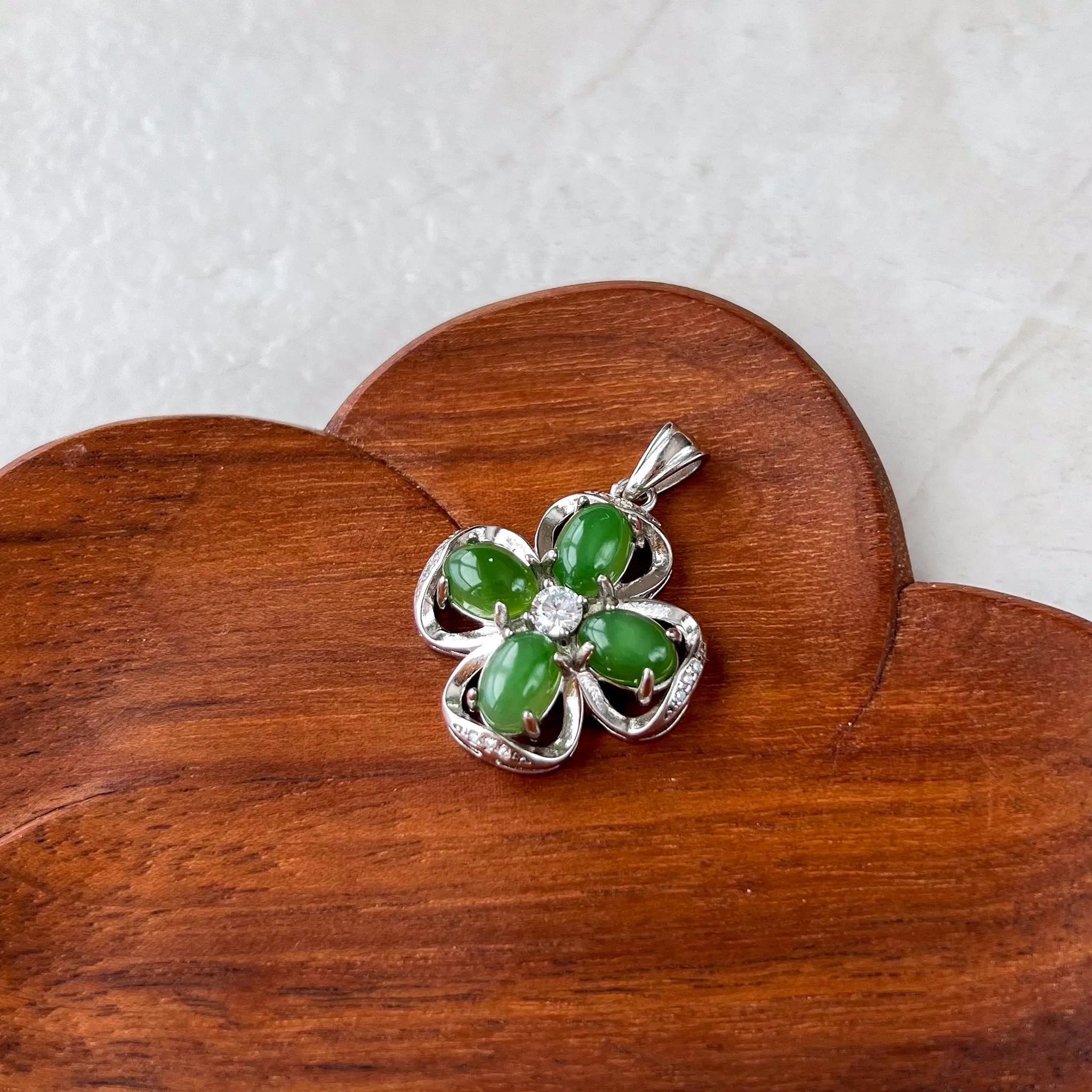 Jade Clover Charm, Style 1, Green Nephrite Jade Sterling Silver Pendant Necklace, JSY-1224-10301
