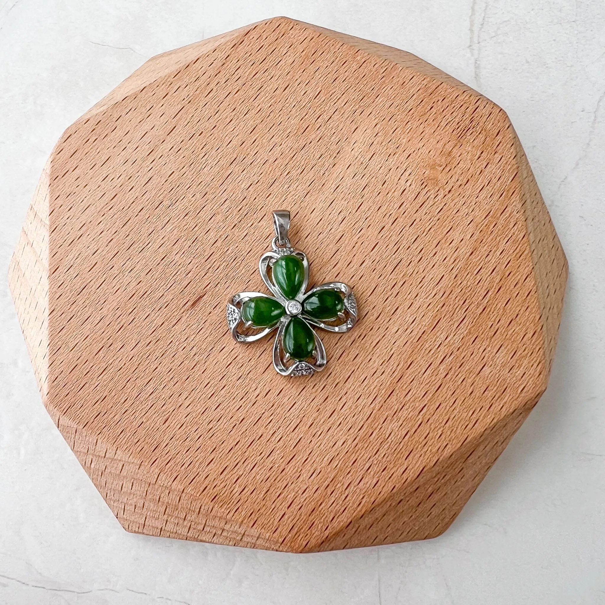 Jade Clover Charm, Style 2, Green Nephrite Jade Sterling Silver Pendant Necklace, JSY-1224-10296