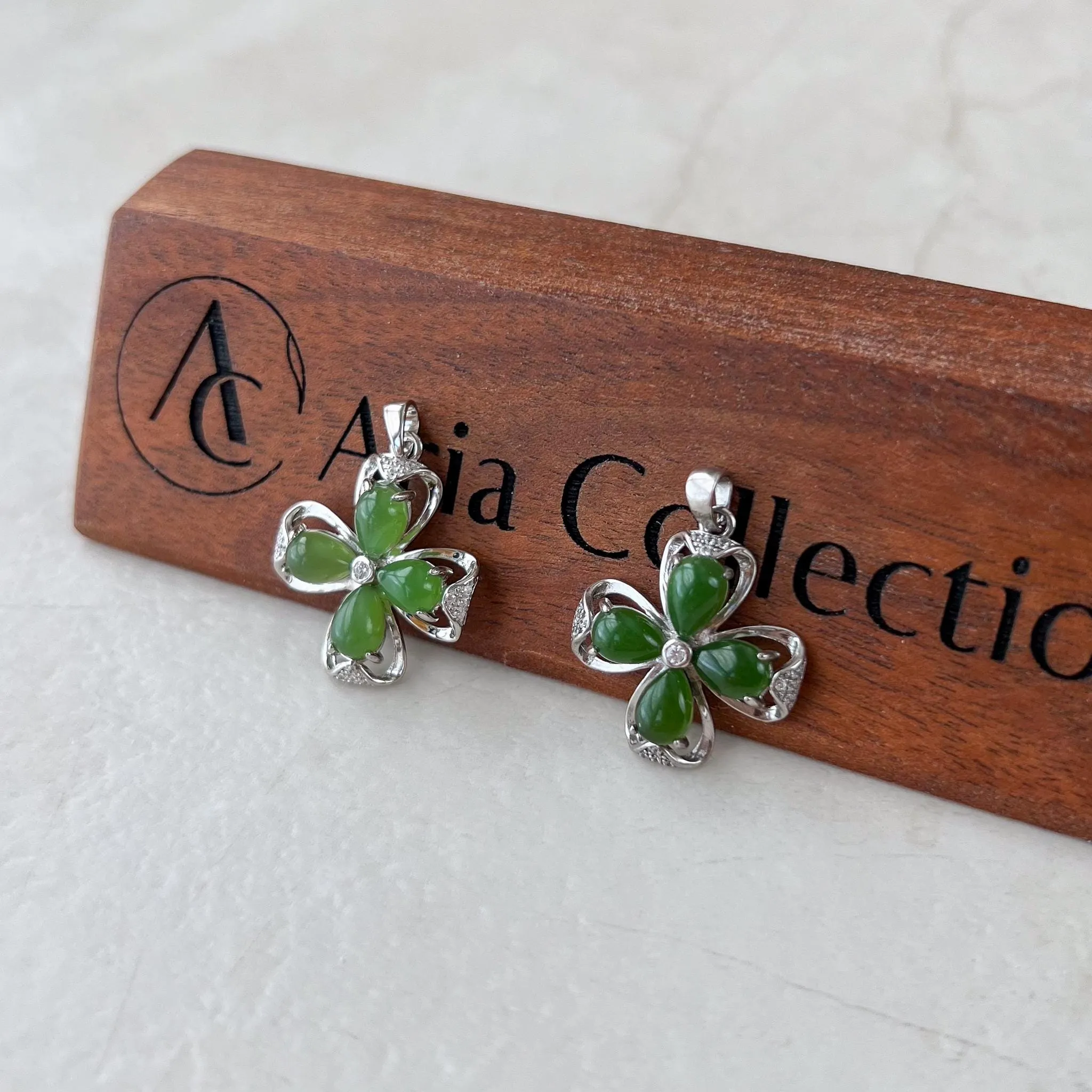 Jade Clover Charm, Style 2, Green Nephrite Jade Sterling Silver Pendant Necklace, JSY-1224-10296