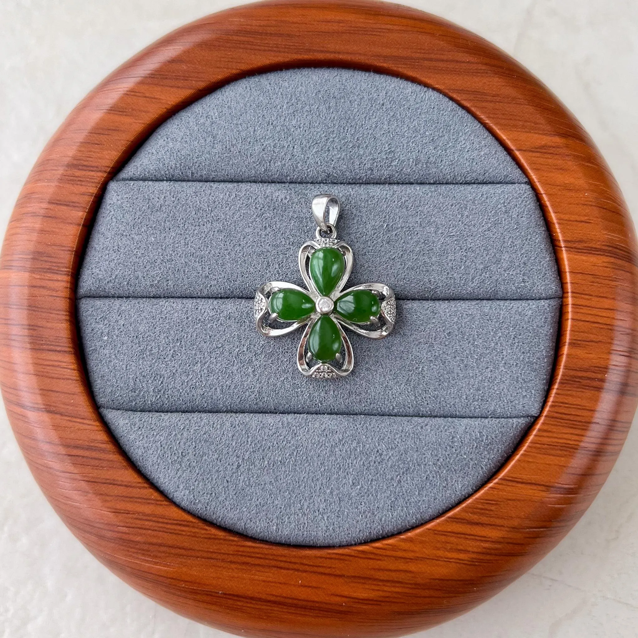 Jade Clover Charm, Style 2, Green Nephrite Jade Sterling Silver Pendant Necklace, JSY-1224-10296
