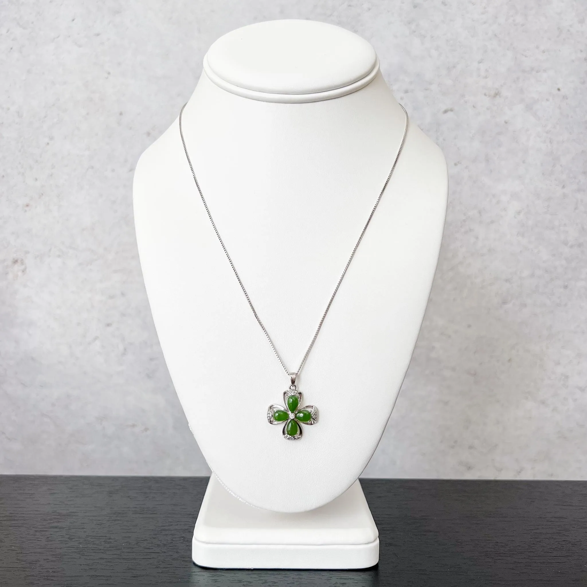 Jade Clover Charm, Style 2, Green Nephrite Jade Sterling Silver Pendant Necklace, JSY-1224-10296