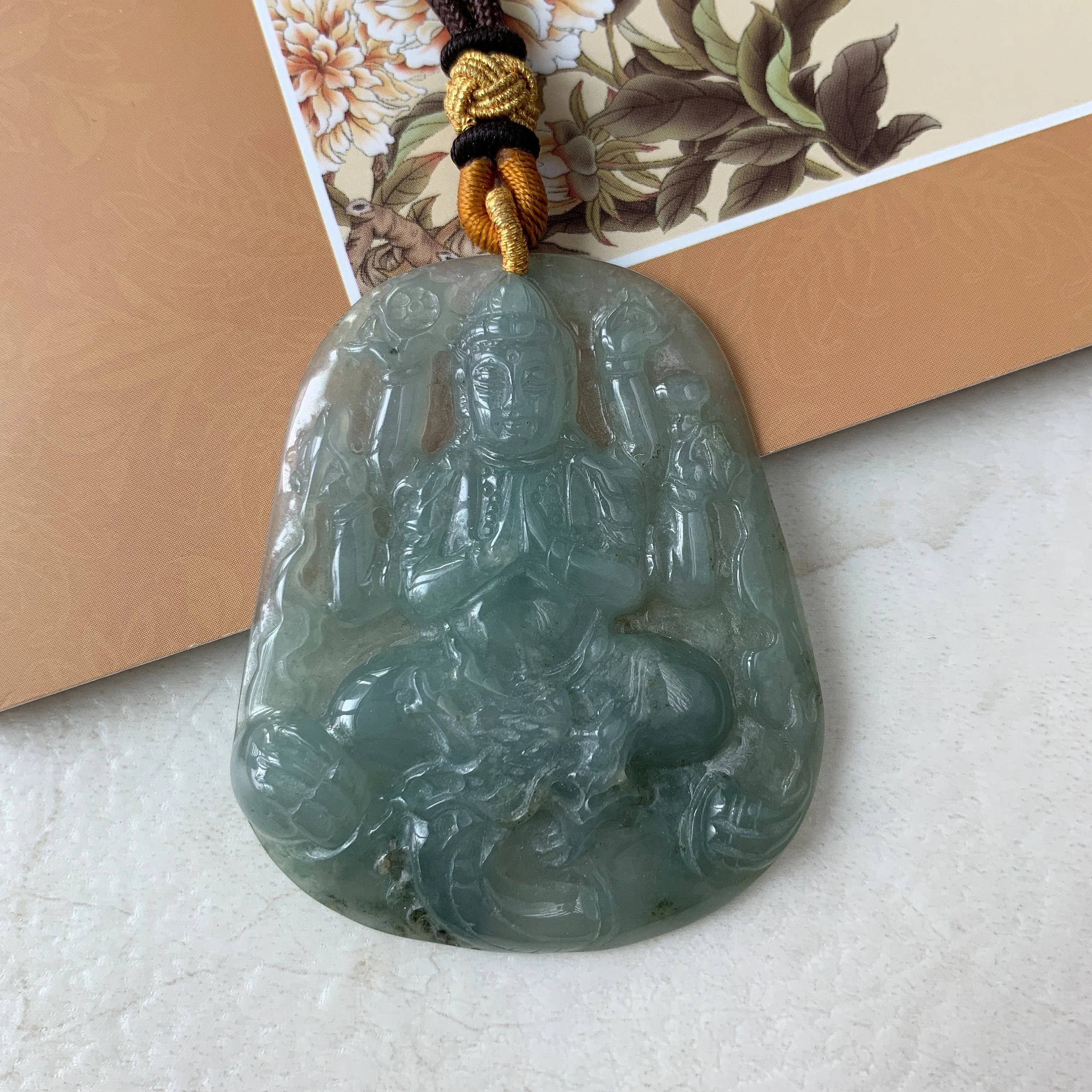 Jadeite Jade Guan Yin Avalokiteshvara Thousand Hands Carved Pendant Necklace,  YJ-0321-0420066