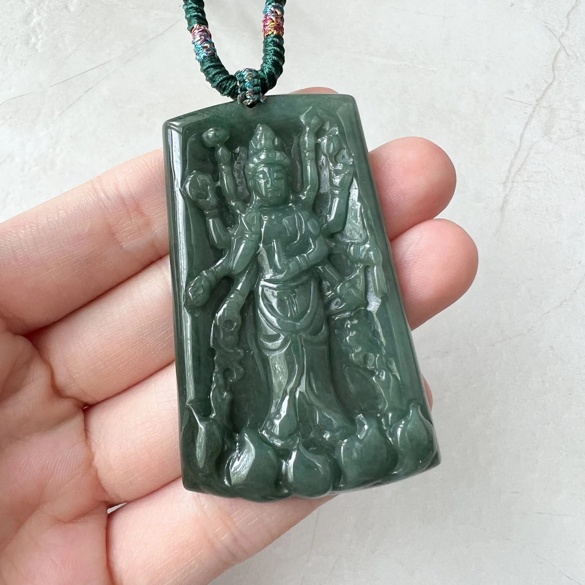 Jadeite Jade Guan Yin Avalokiteshvara Thousand Hands Carved Pendant Necklace, YJ-0322-0388080
