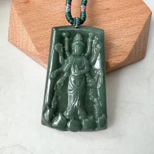 Jadeite Jade Guan Yin Avalokiteshvara Thousand Hands Carved Pendant Necklace, YJ-0322-0388080