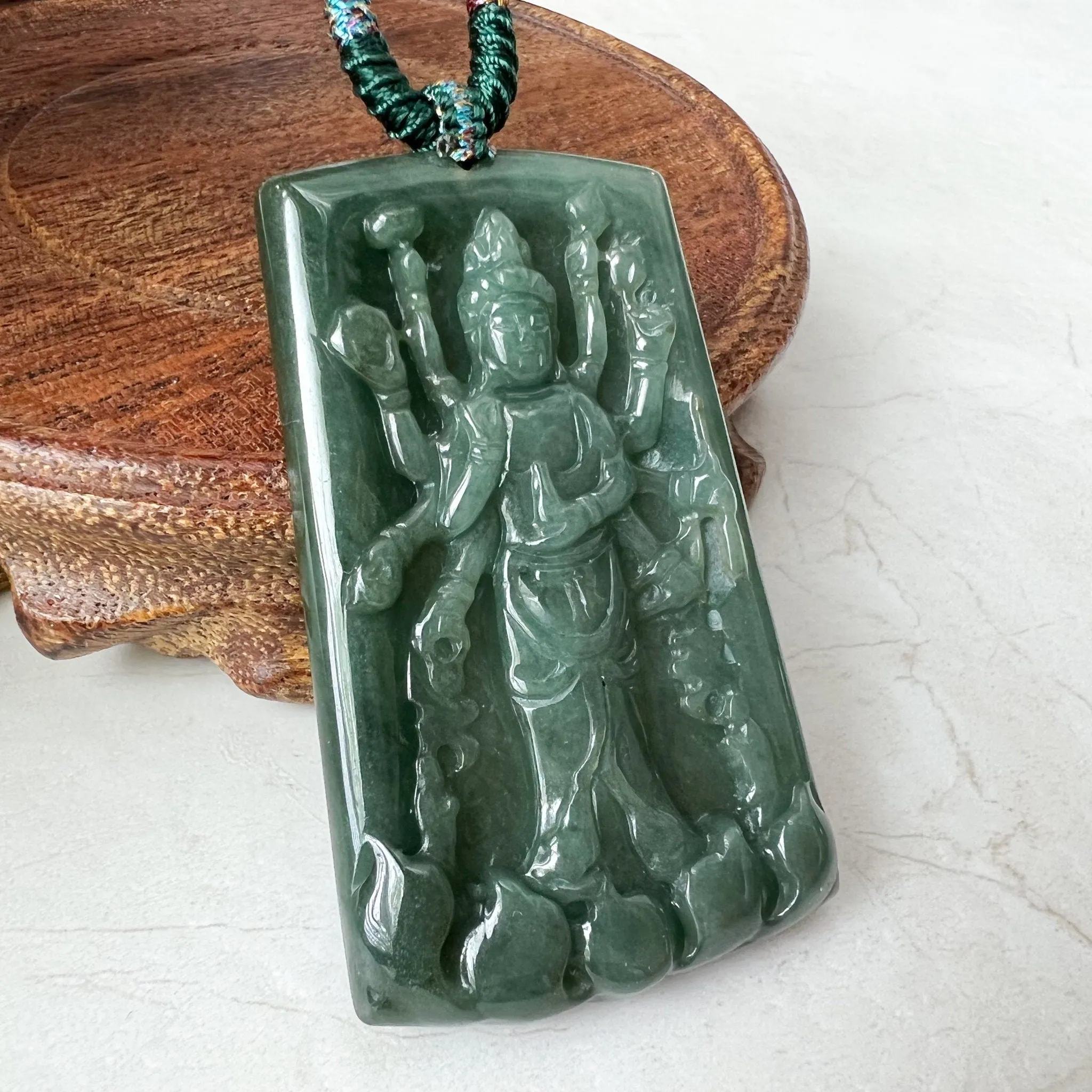 Jadeite Jade Guan Yin Avalokiteshvara Thousand Hands Carved Pendant Necklace, YJ-0322-0388080