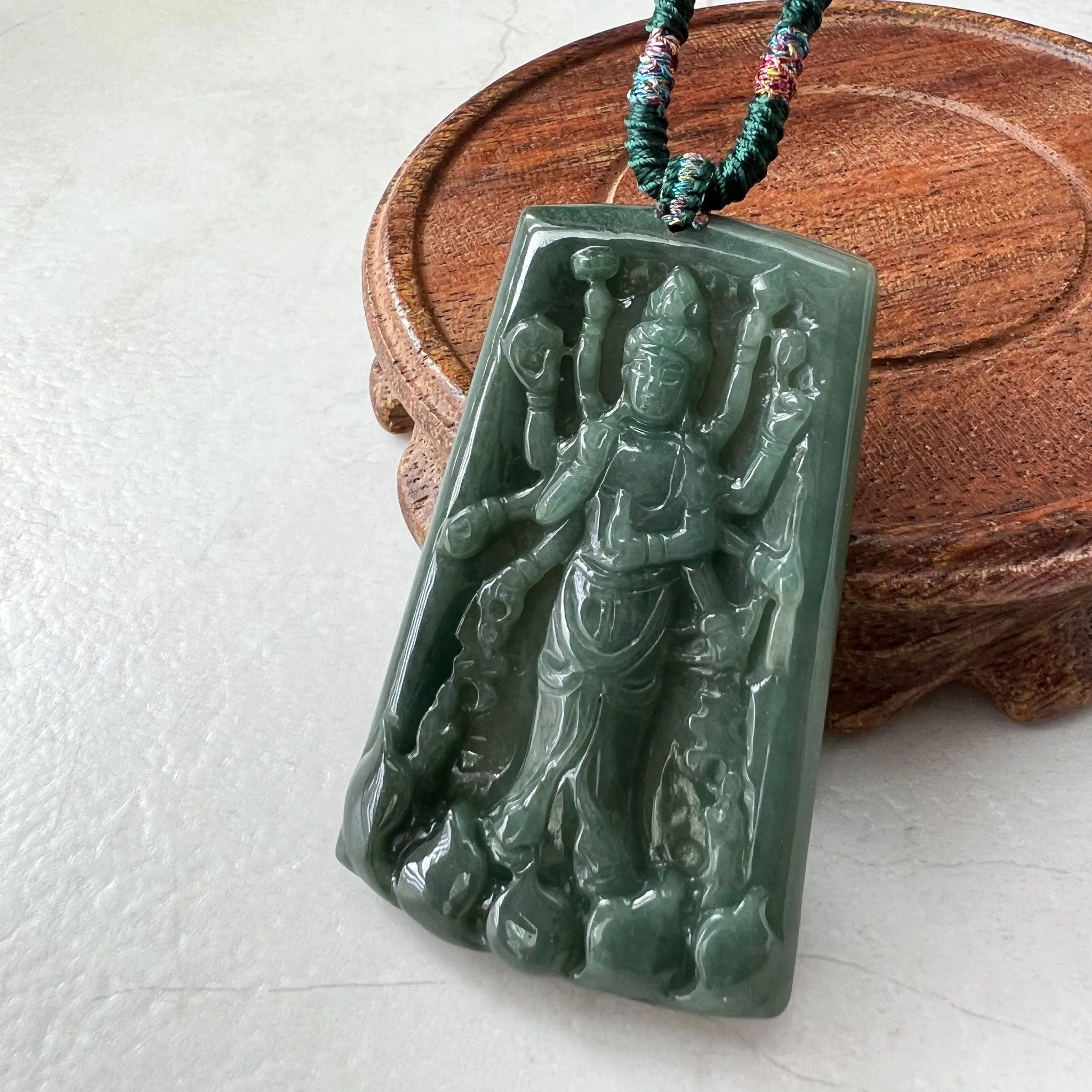 Jadeite Jade Guan Yin Avalokiteshvara Thousand Hands Carved Pendant Necklace, YJ-0322-0388080