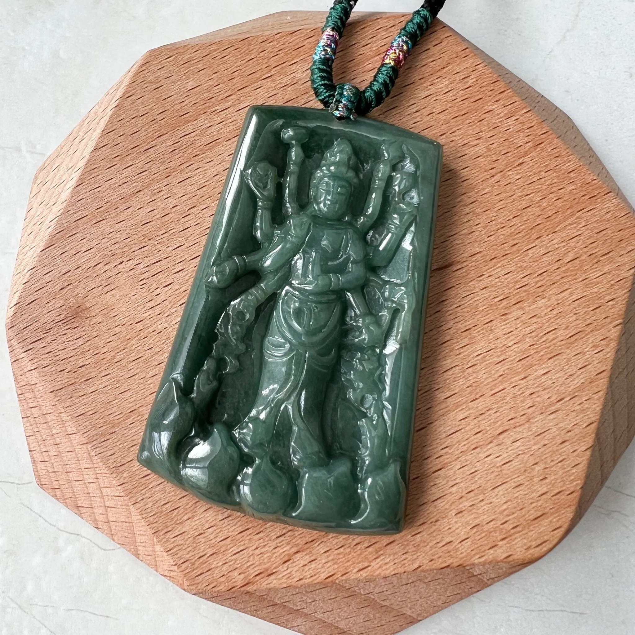 Jadeite Jade Guan Yin Avalokiteshvara Thousand Hands Carved Pendant Necklace, YJ-0322-0388080