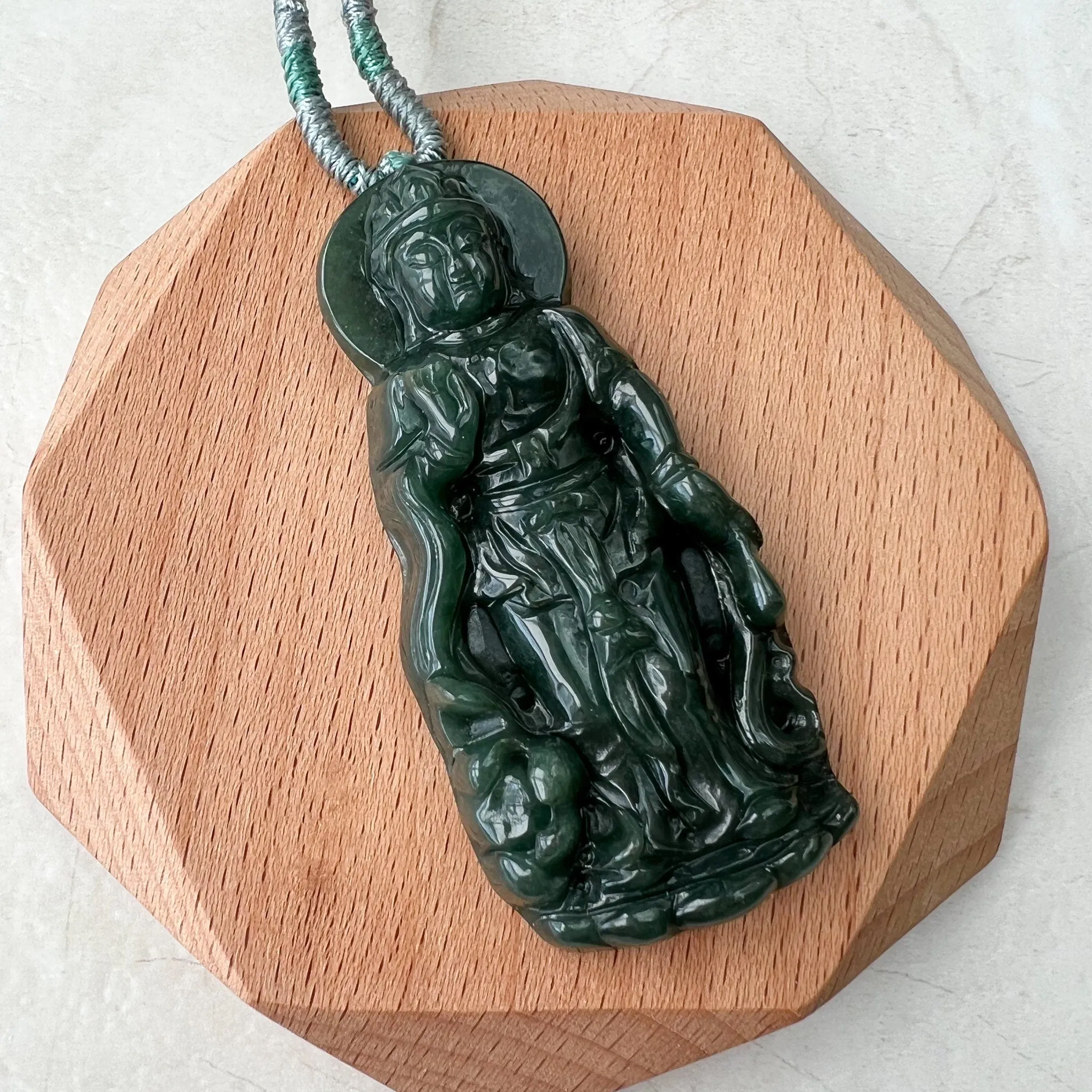 Jadeite Jade Standing Guan Yin Avalokiteshvara Carved Pendant Necklace, Quan Am, YJ-1221-0308299