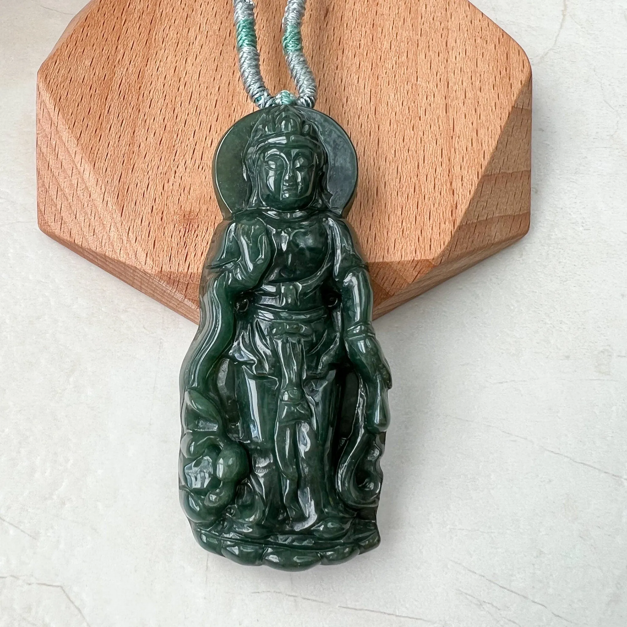 Jadeite Jade Standing Guan Yin Avalokiteshvara Carved Pendant Necklace, Quan Am, YJ-1221-0308299