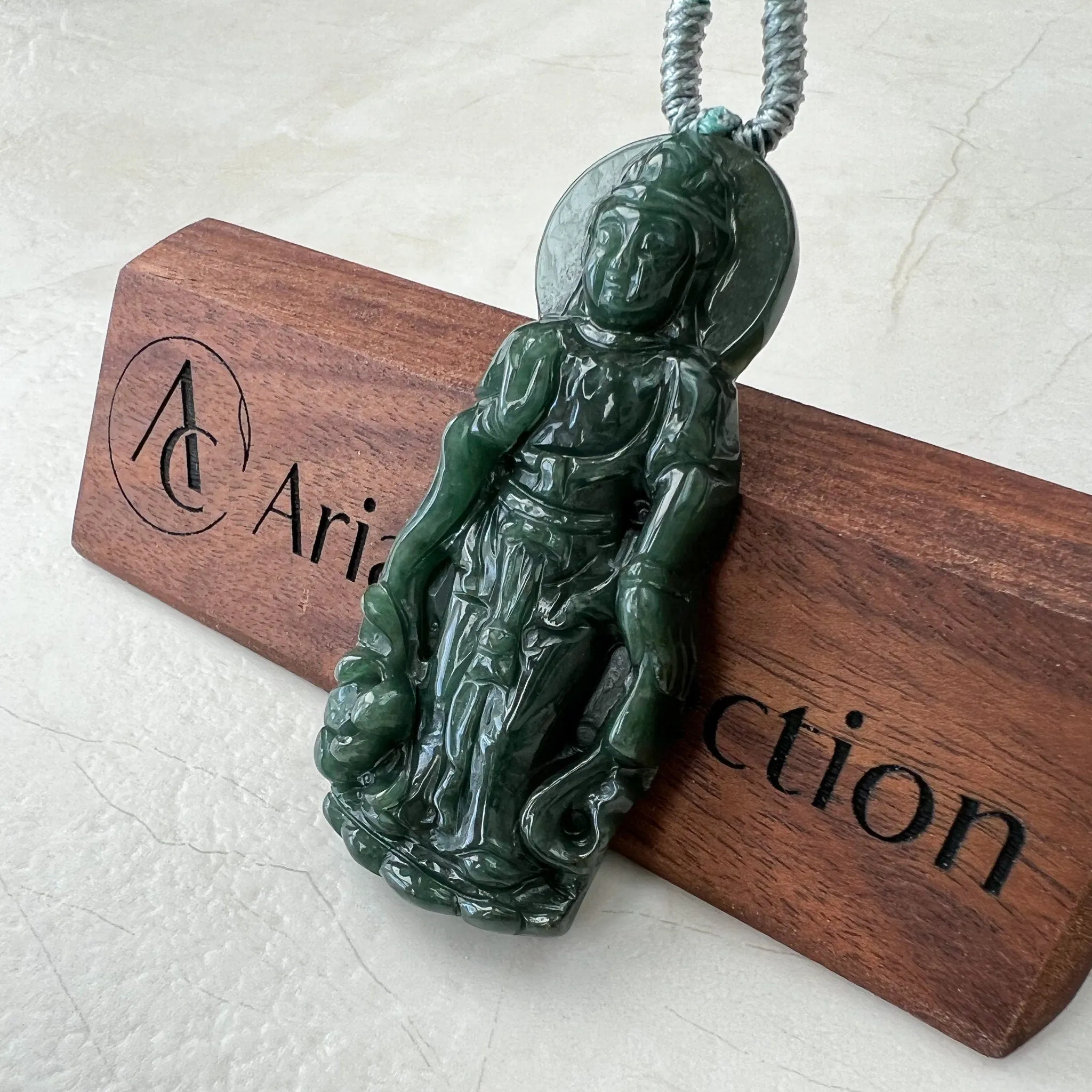 Jadeite Jade Standing Guan Yin Avalokiteshvara Carved Pendant Necklace, Quan Am, YJ-1221-0308299