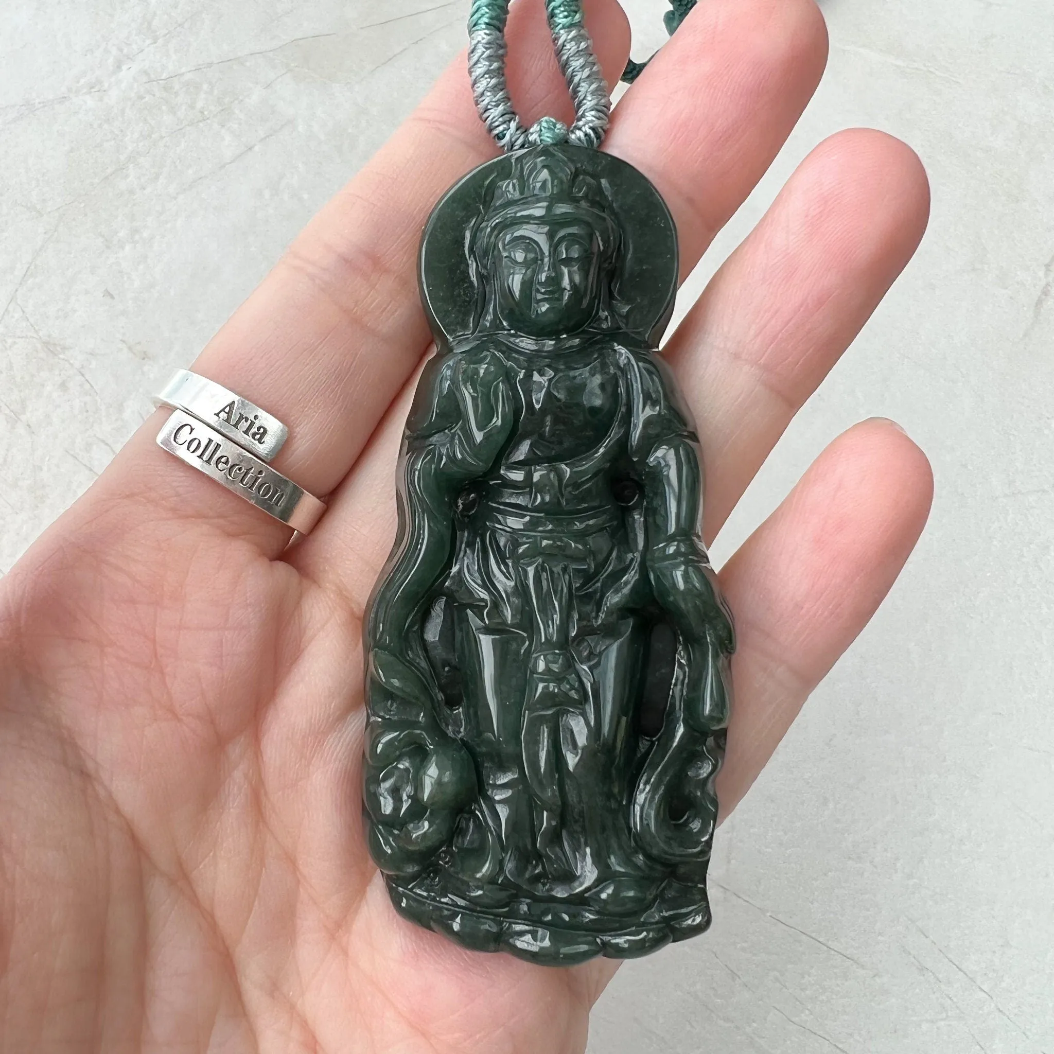 Jadeite Jade Standing Guan Yin Avalokiteshvara Carved Pendant Necklace, Quan Am, YJ-1221-0308299