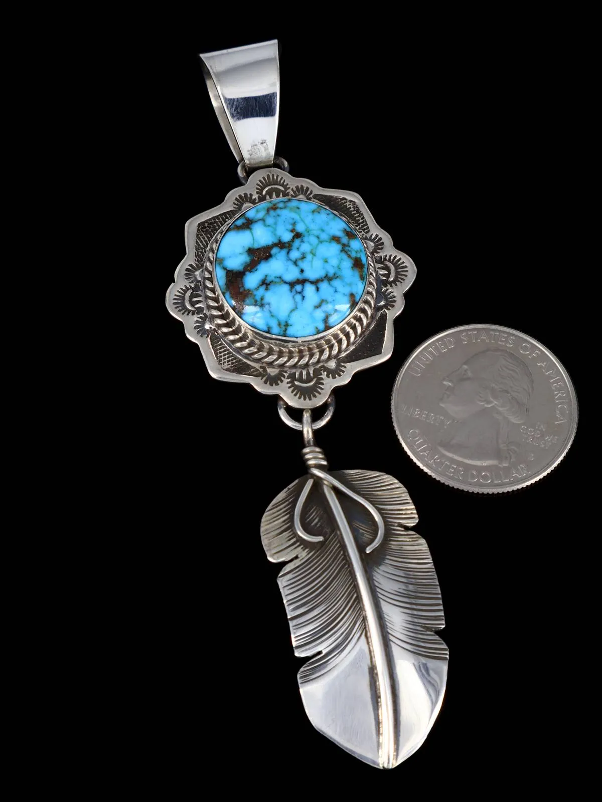 Kingman Turquoise Navajo Sterling Silver Feather Pendant