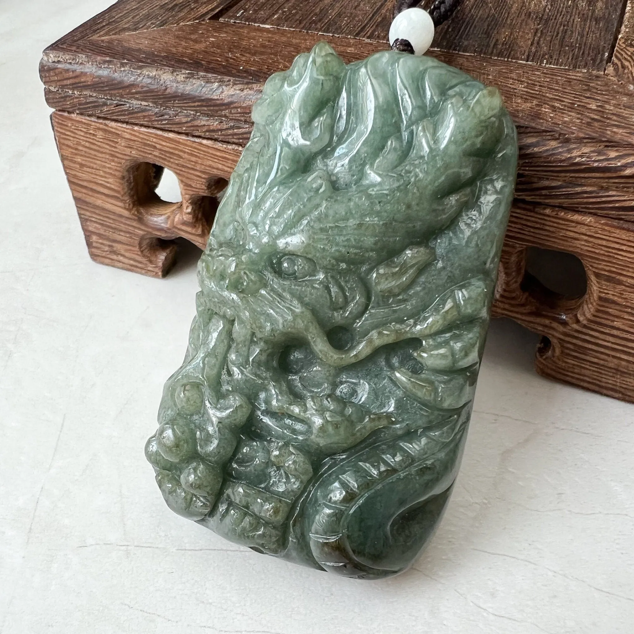 Large Jadeite Green Jade Dragon Chinese Zodiac Hand Carved Pendant Necklace, YJ-0322-0355301